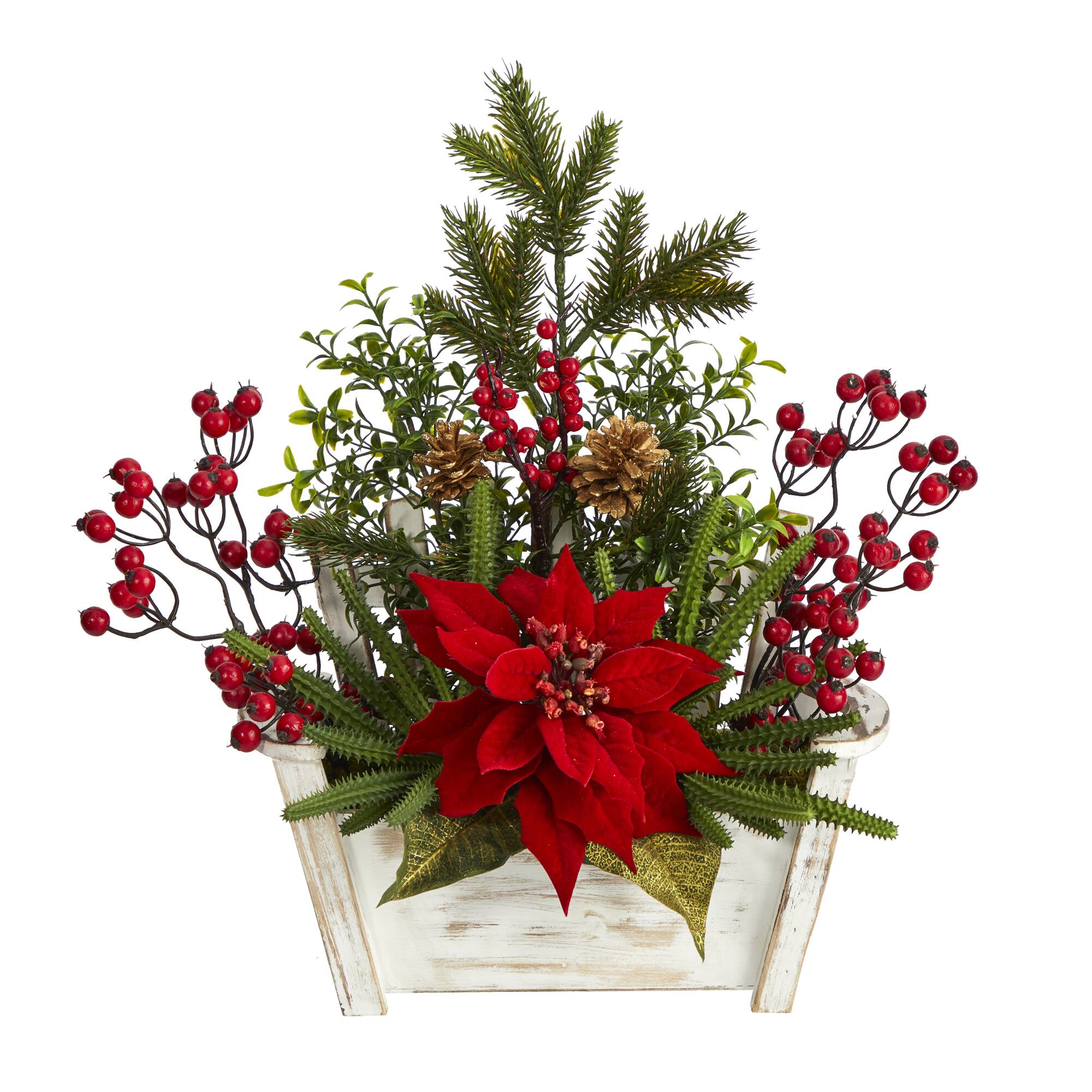 18'' Poinsettia, Succulent & Berry in Bench Planter
