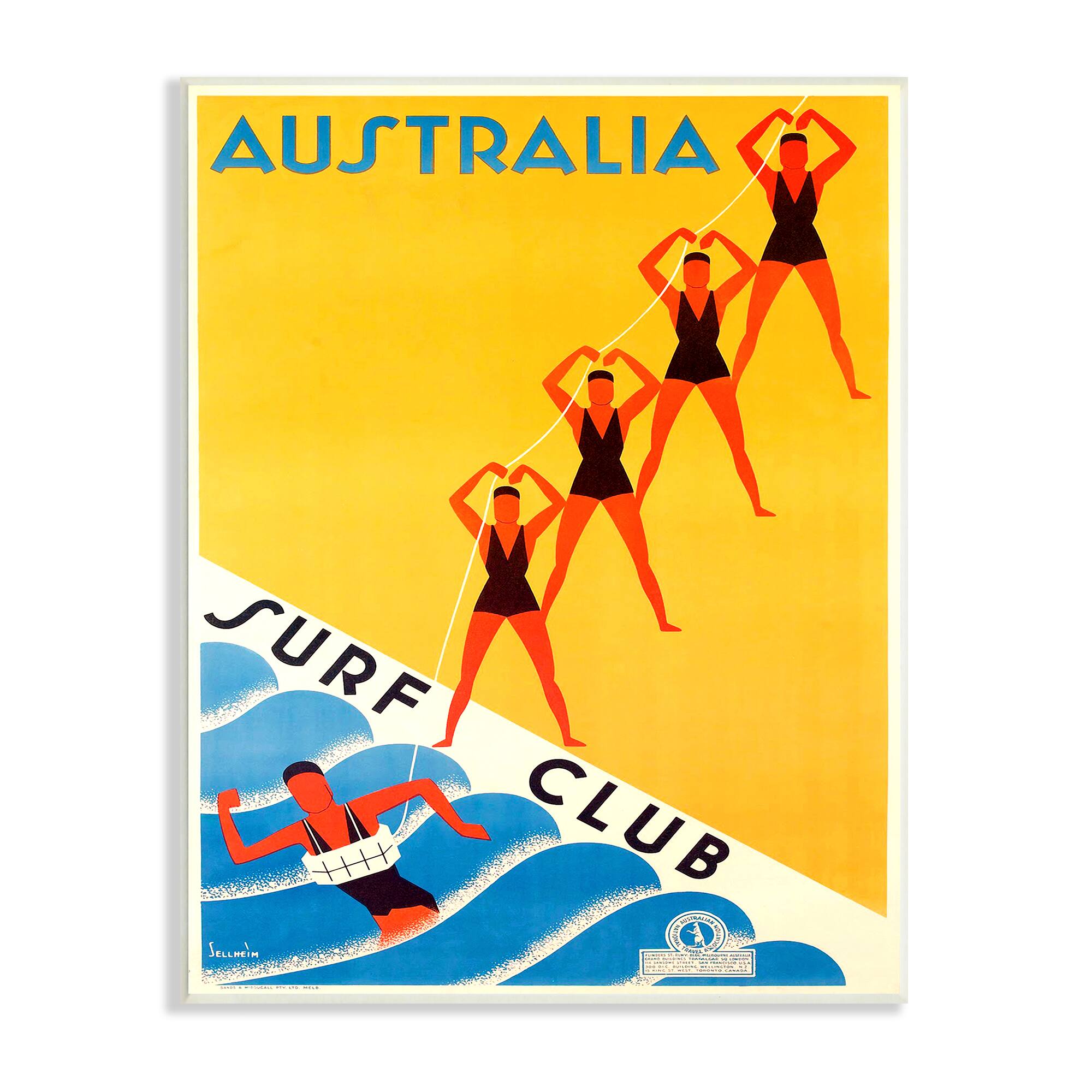 Stupell Industries Retro Pop Australian Surf Club Advertisement Yellow Blue Wall Plaque