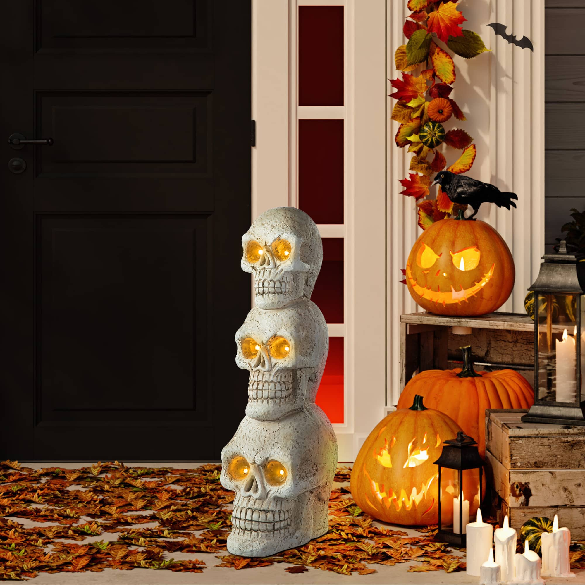 Glitzhome&#xAE; 25.5&#x22; Lighted Halloween Skull Porch D&#xE9;cor with Timer