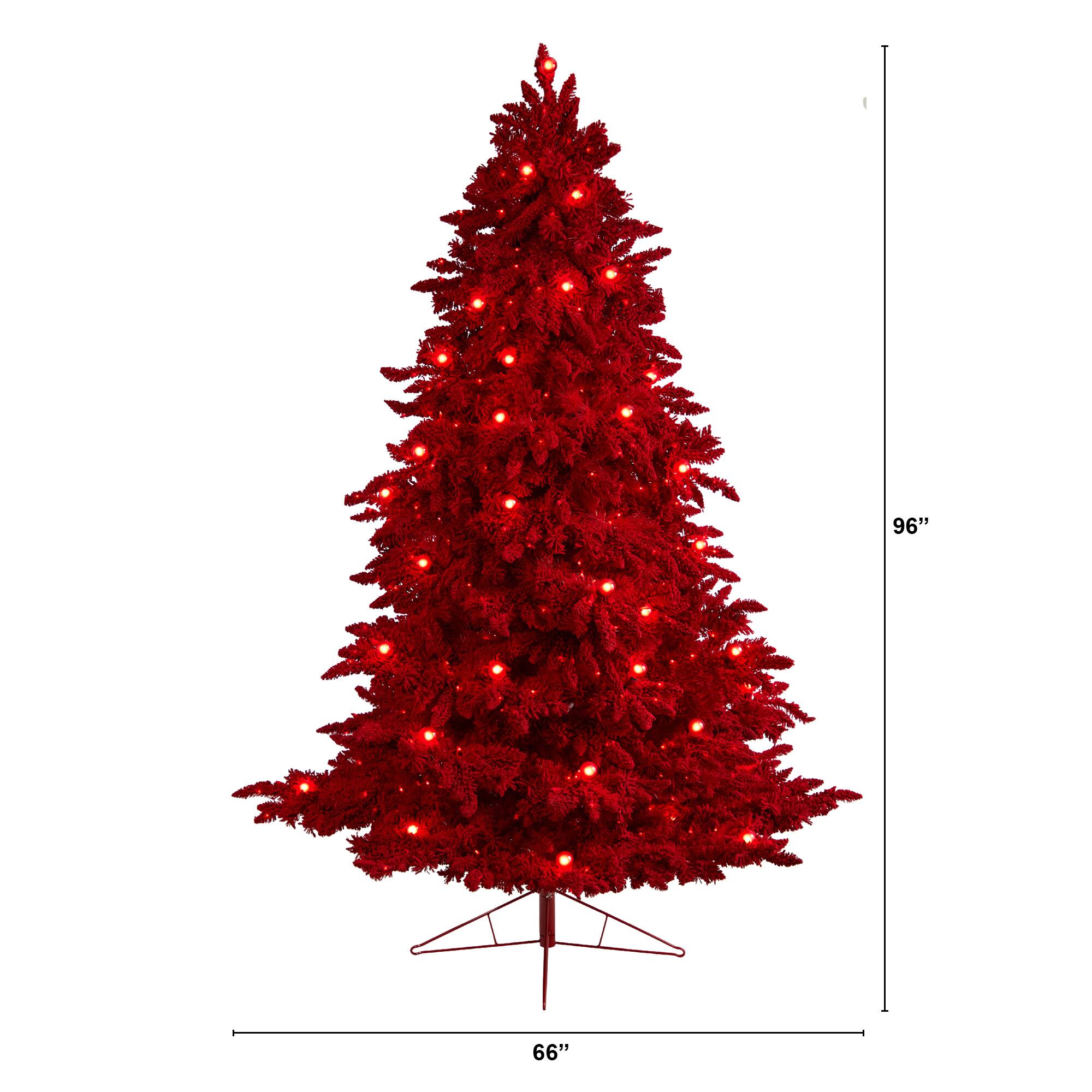 8ft. Pre-Lit Red Flocked Fraser Fir Artificial Christmas Tree, Red Lights