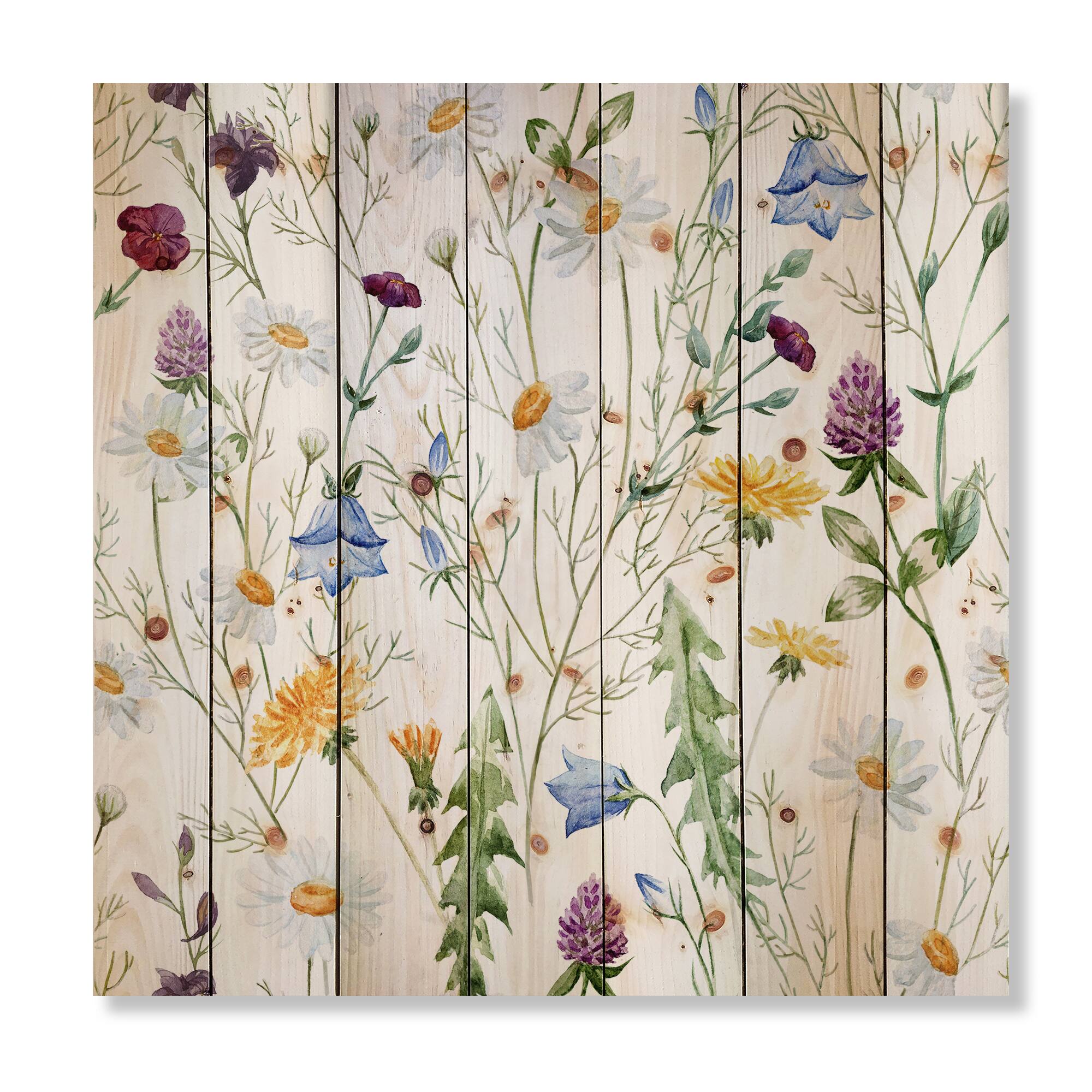 Designart - Wildflowers Chamomile and Clover Bell III - Traditional Print on Natural Pine Wood