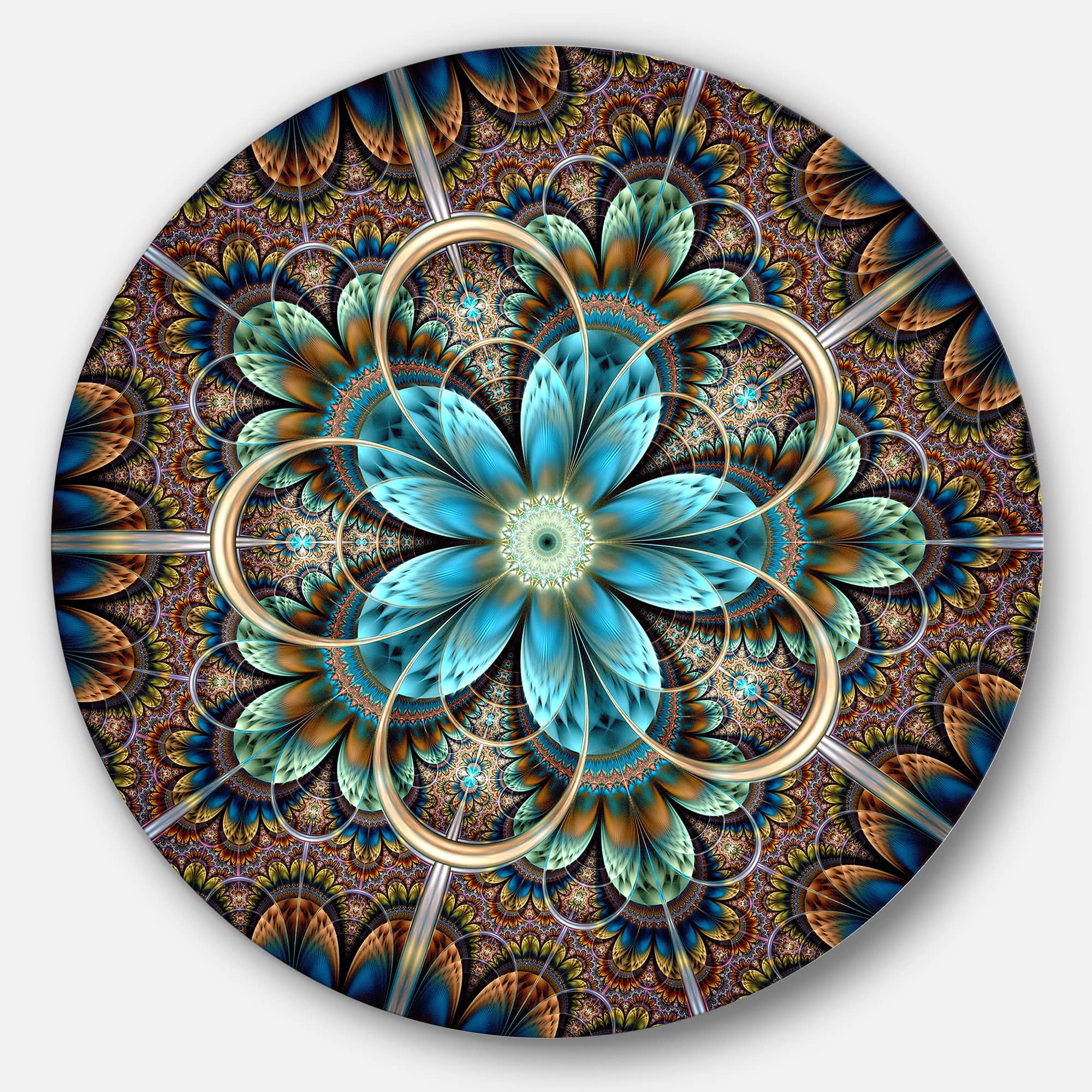 Designart - Large Brown Blue Fractal Flower' Floral Metal Circle Wall Art