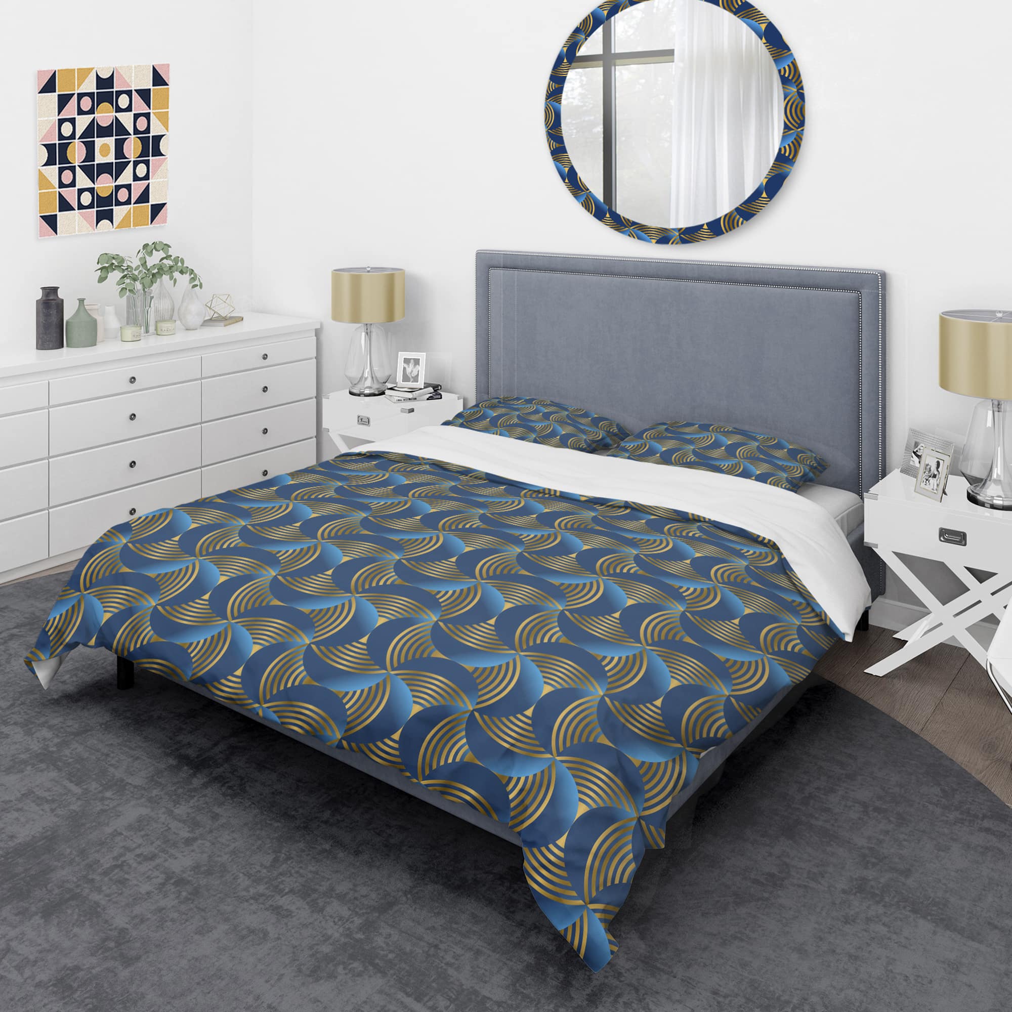 Designart 'Geometric abstract waves in gold and marine blue' Mid-Century Duvet Cover Set