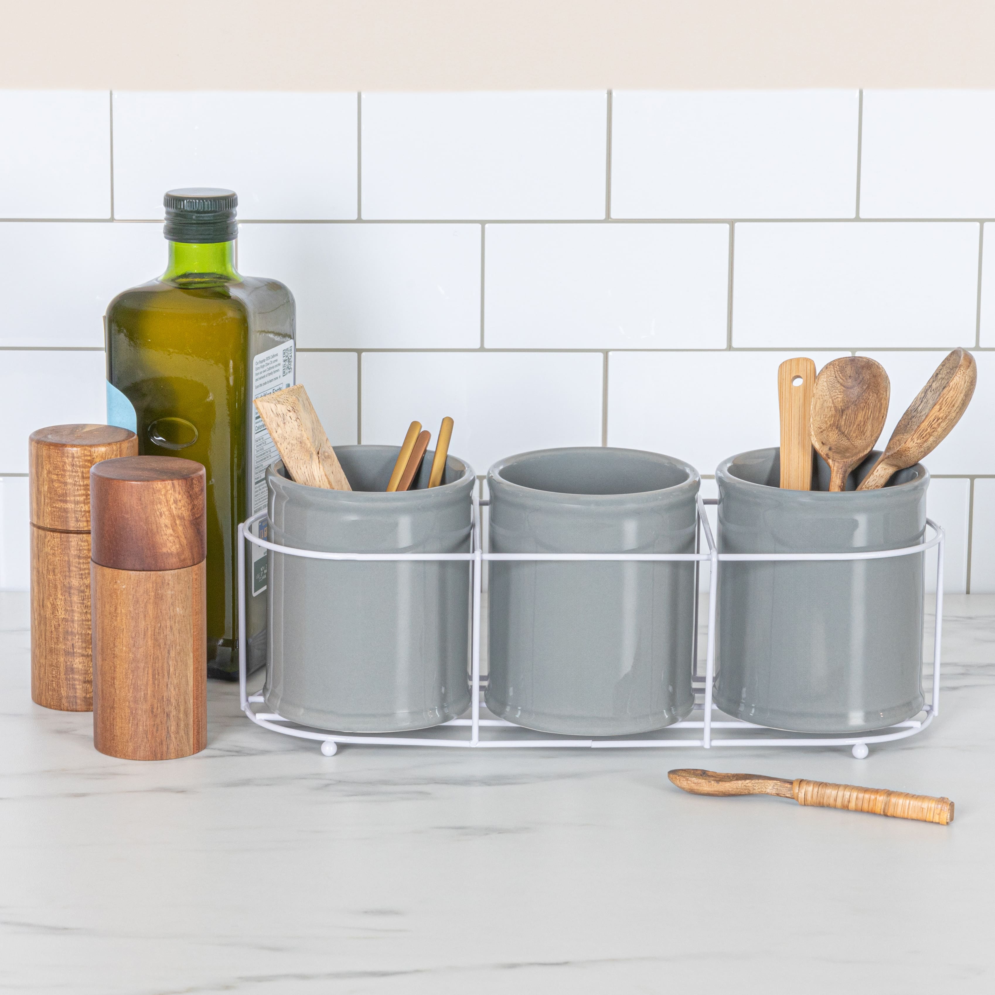 Hello Honey® 11.5" Gray Farmhouse Ceramic Crocks in White Metal Holder