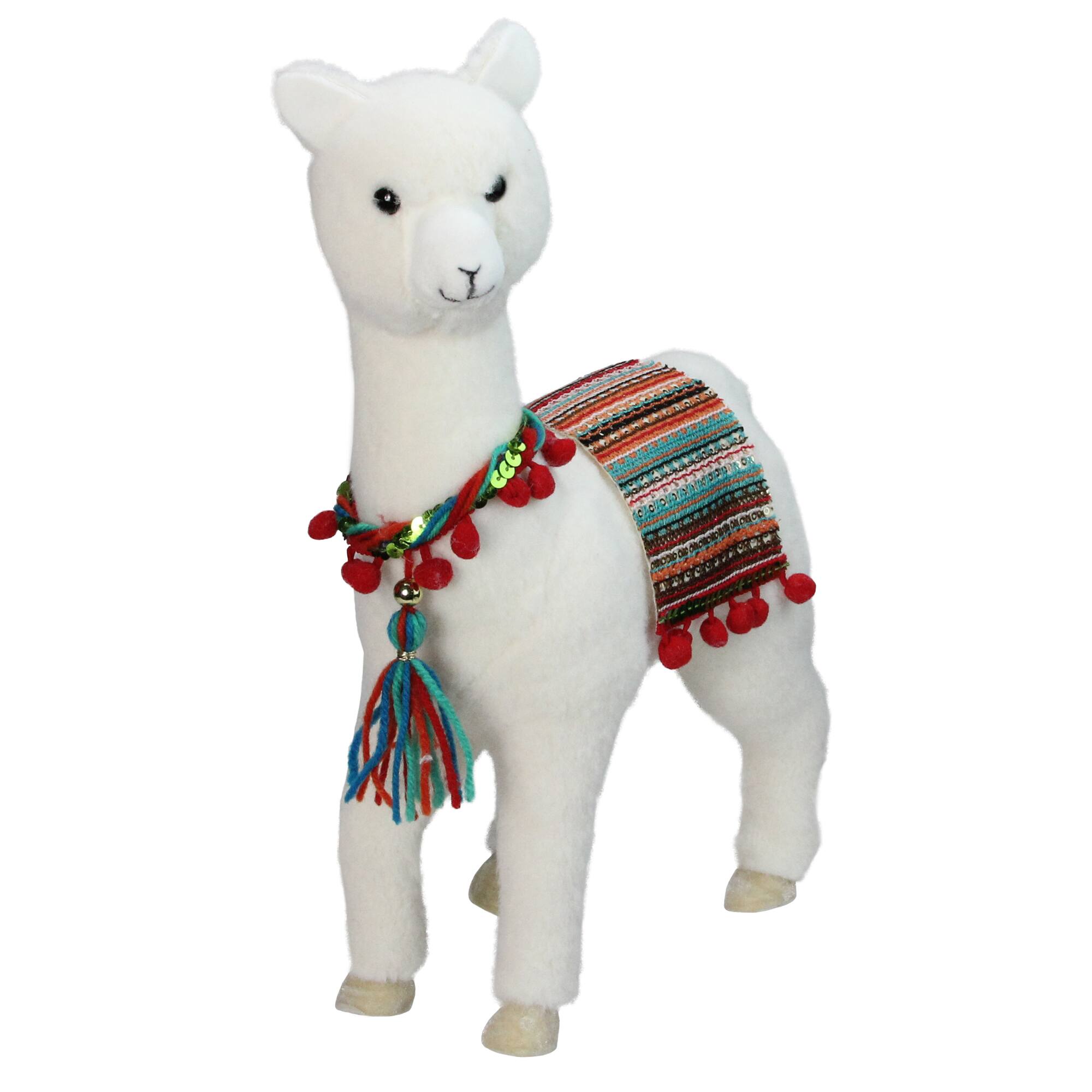 14" White Plush Bohemian Standing Llama Christmas Figure with Pom Poms