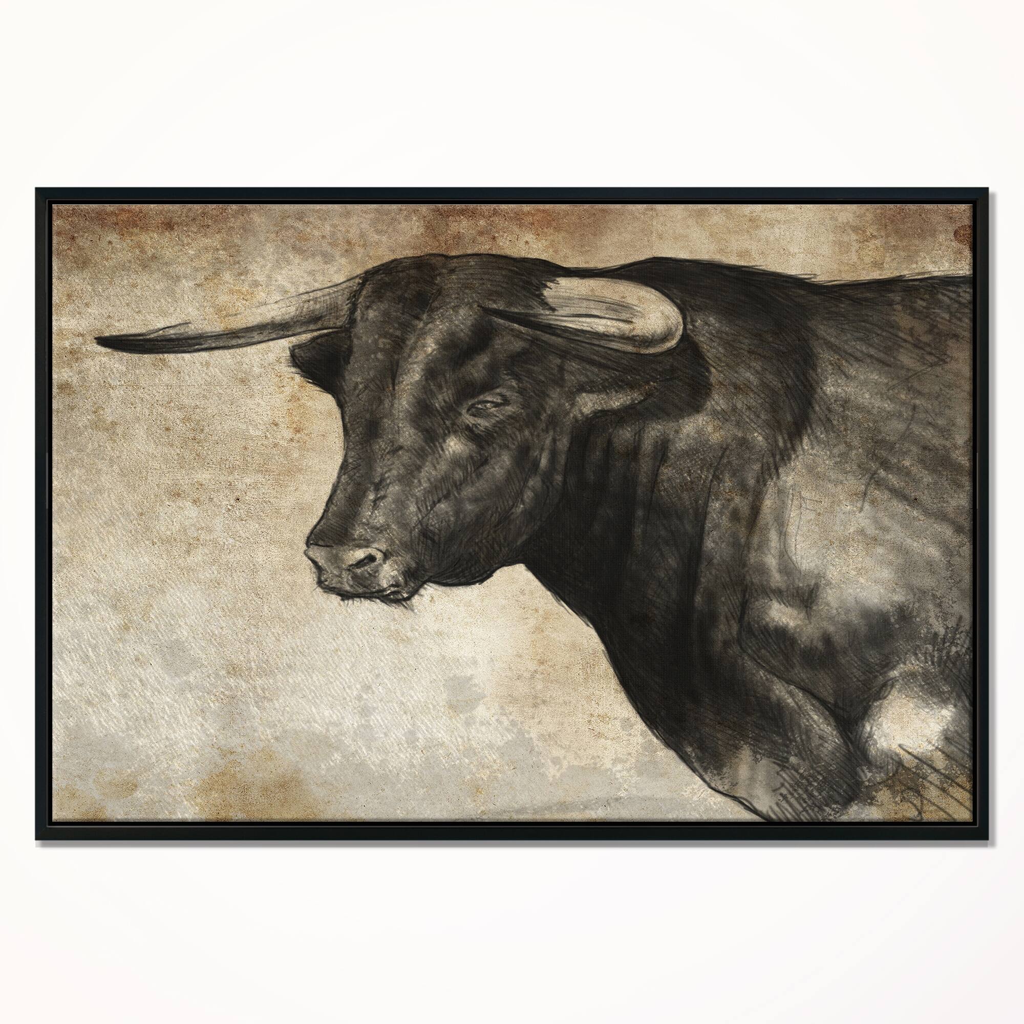 Designart - Spanish Bull Sketch - Animal Art On Canvas in Black Frame