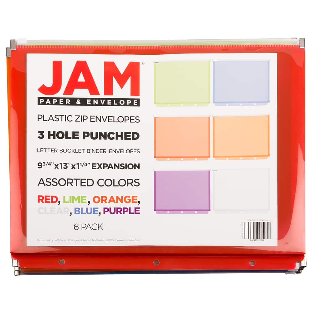 JAM Paper 9.75" x 13" Assorted Zip Closure 3-Hole Punch Plastic Envelopes, 6ct.