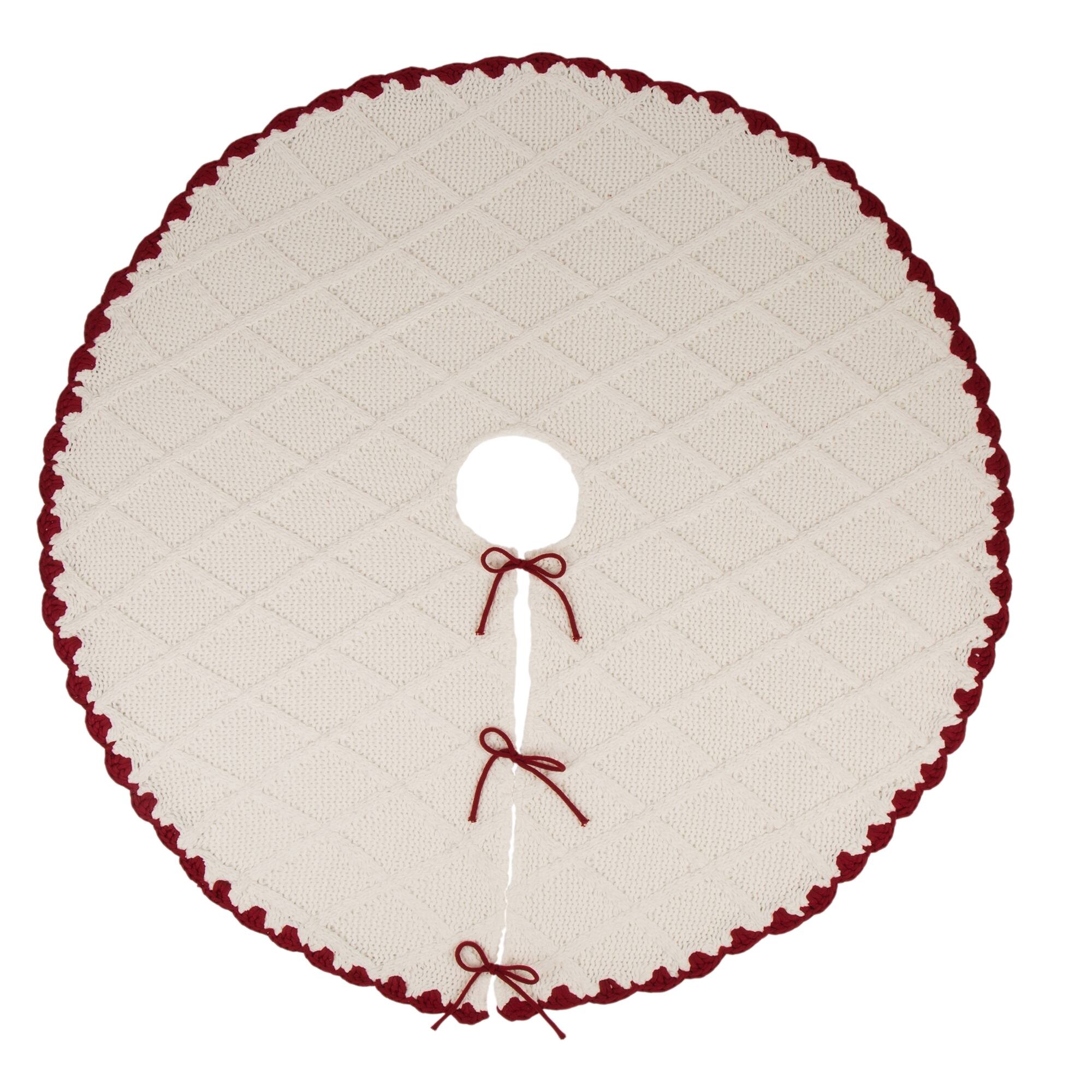 Glitzhome&#xAE; 52&#x22; Knitted White Christmas Tree Skirt with Red Trim &#x26; Pom Pom