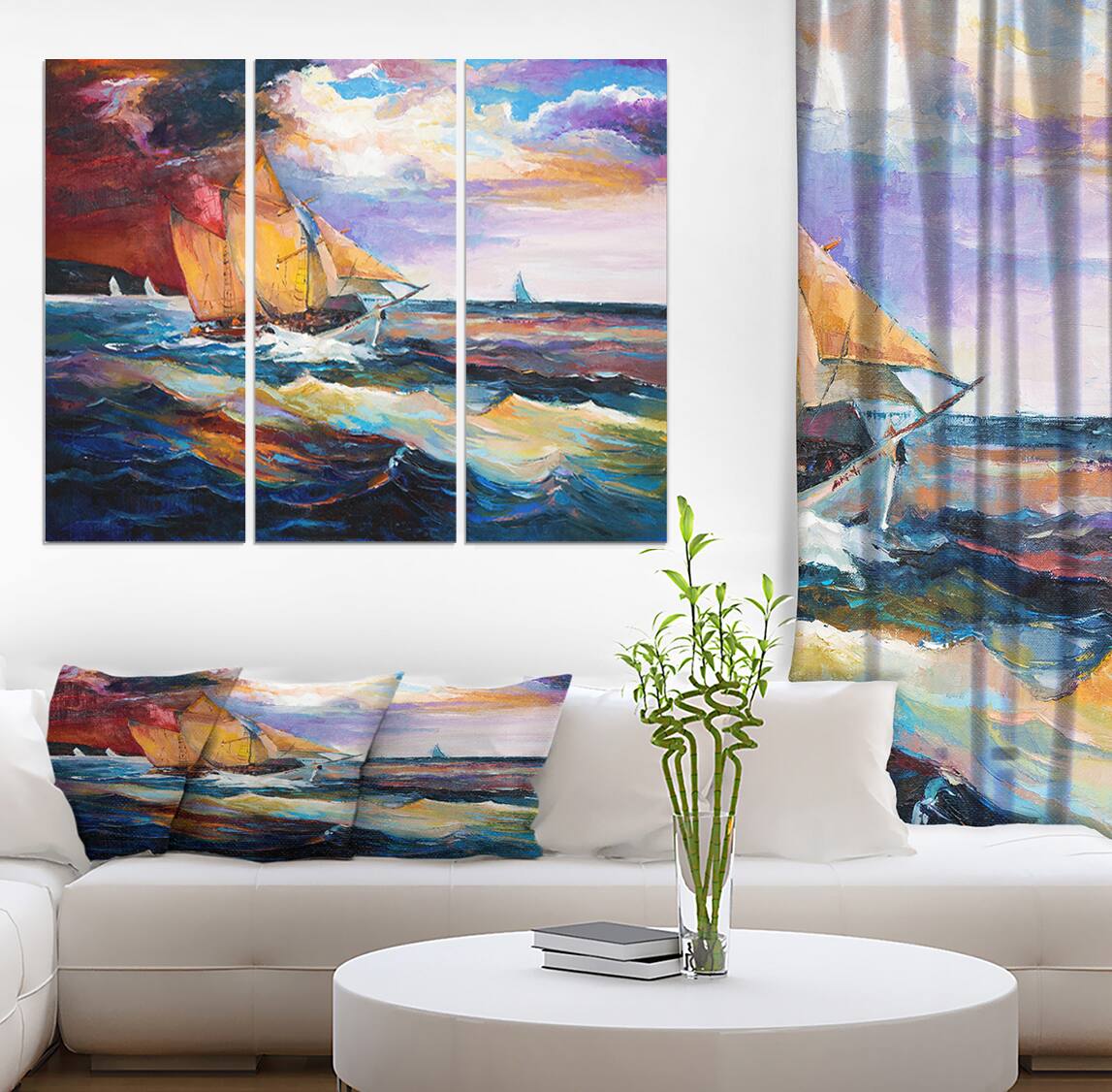 Designart - Sailship in Sea waves - Nautical Painting Print on Wrapped Canvas set