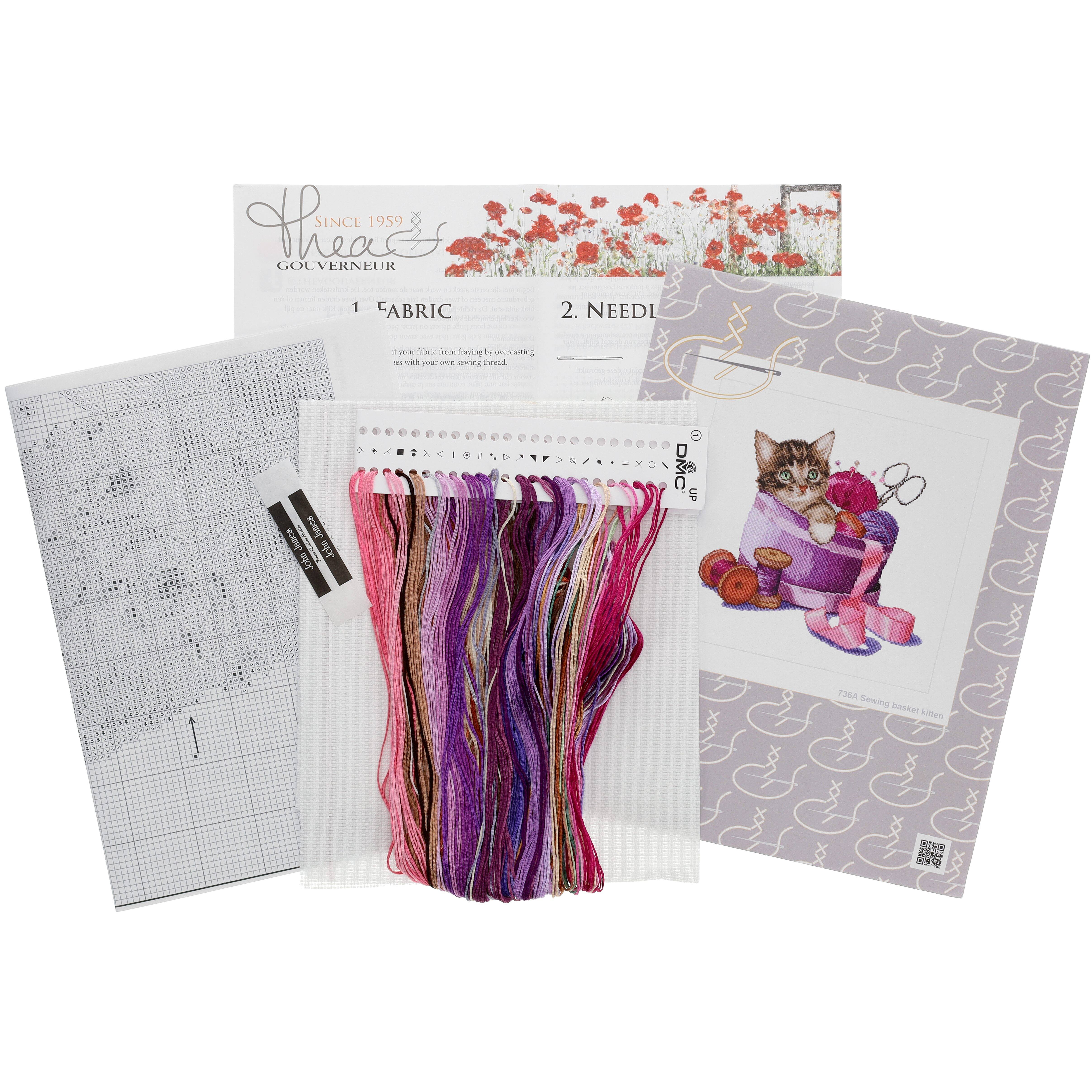 Thea Gouverneur Sewing Basket Kitten Cross Stitch Kit