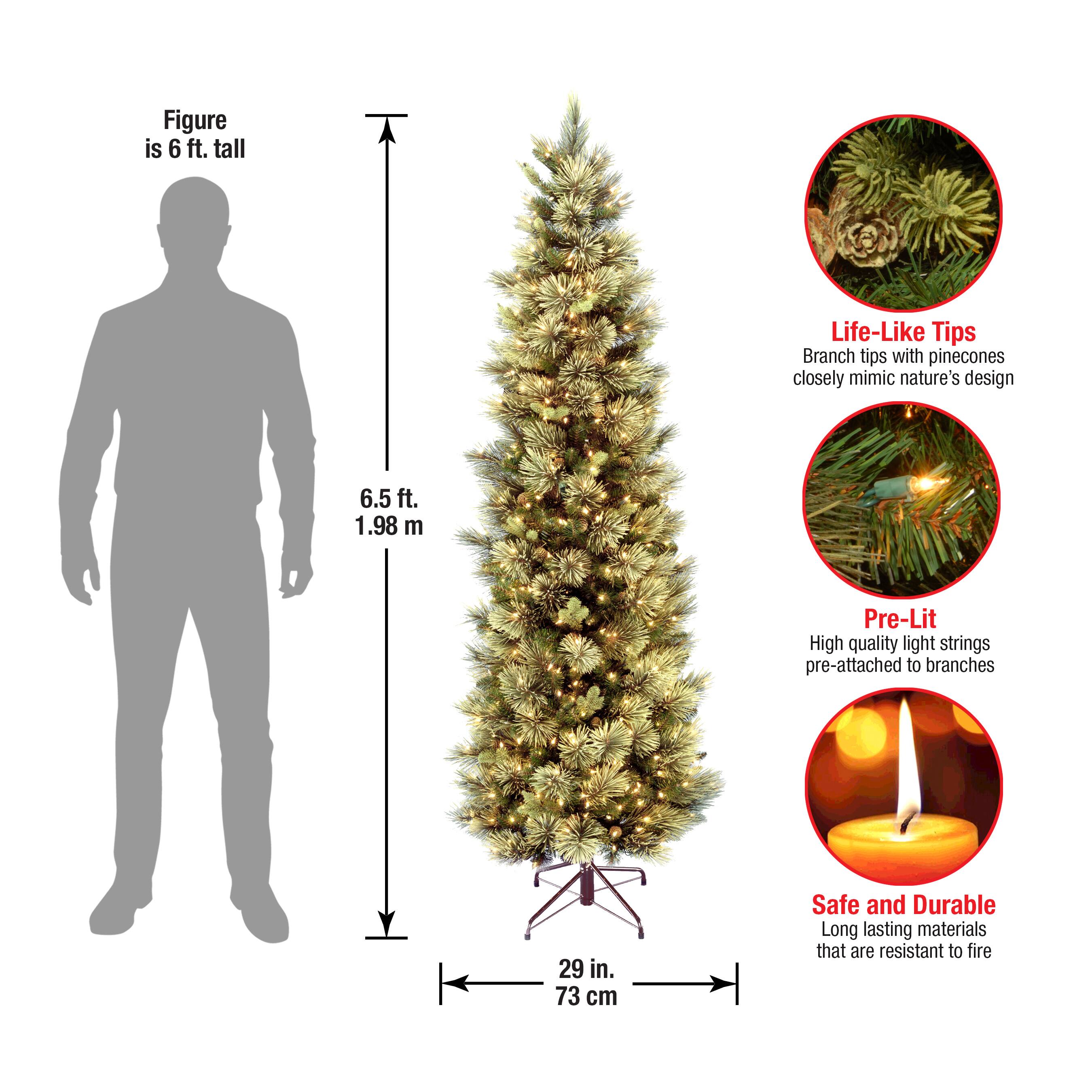 6.5 ft. Pre-Lit Carolina Pine Slim Artificial Christmas Tree with Flocked Pine Cones, Clear Lights