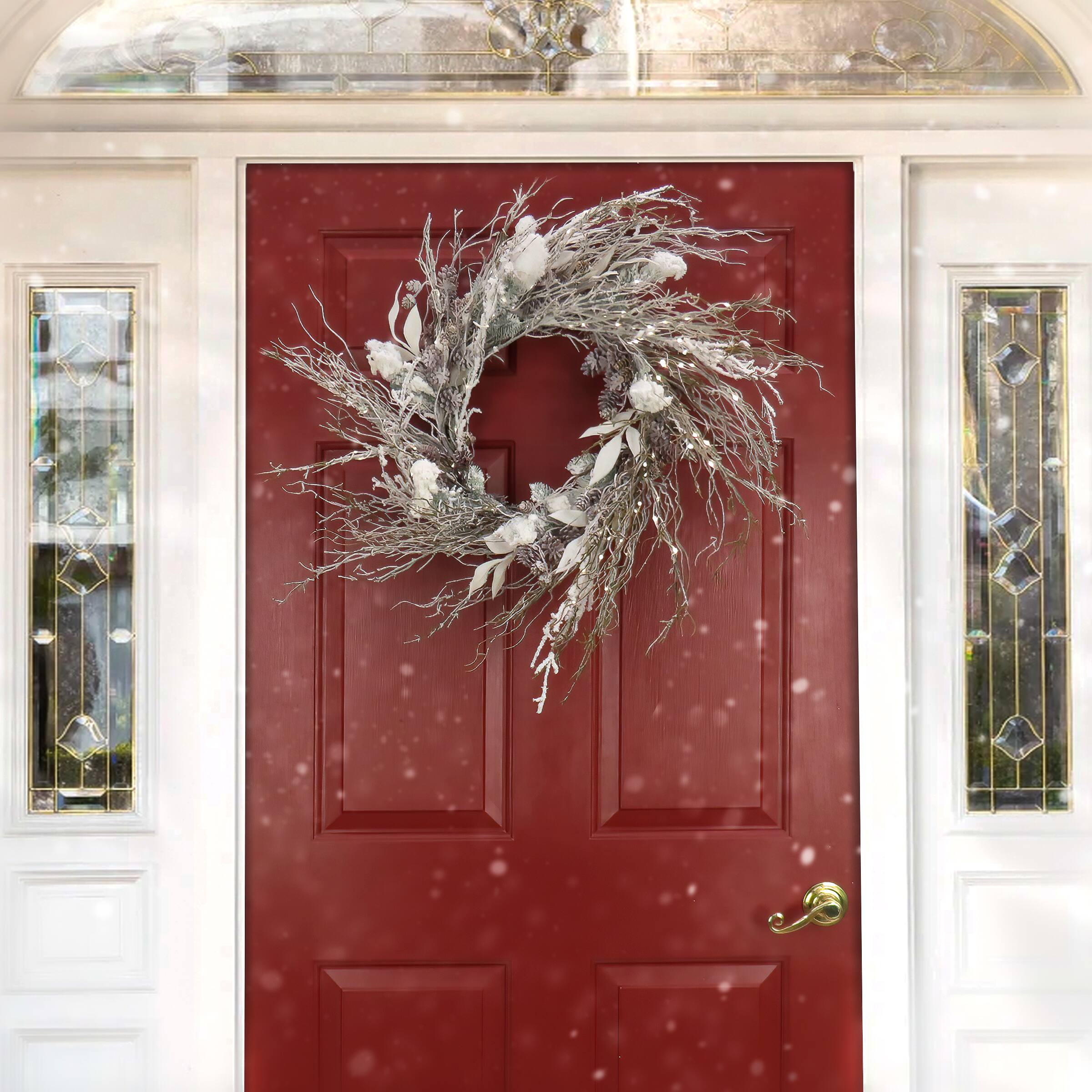 24" Christmas Alpine Trimmed Snow Lump Wreath, 150 Pure White LED Rice Lights