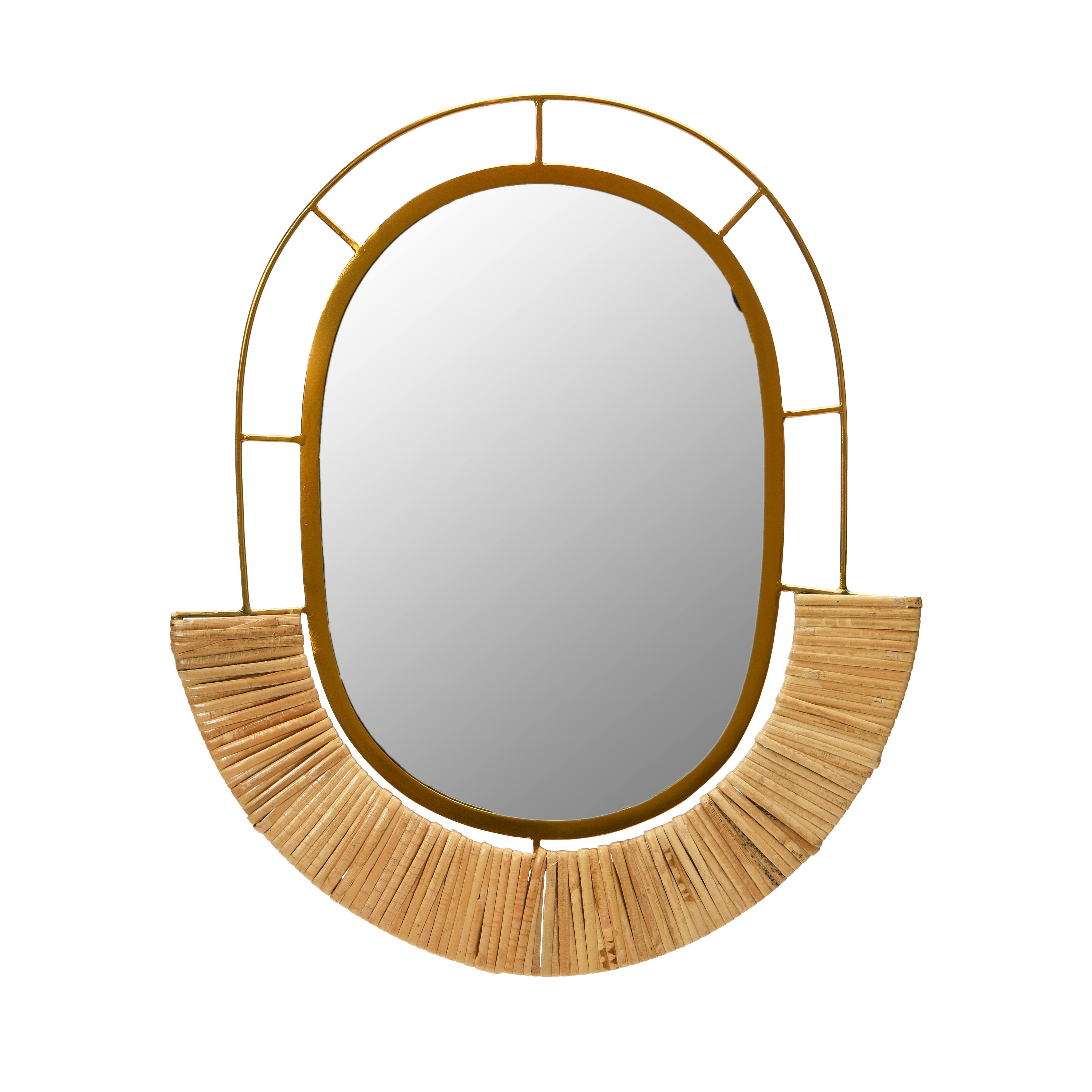 Natural Oval Metal &#x26; Cane Framed Wall Mirror