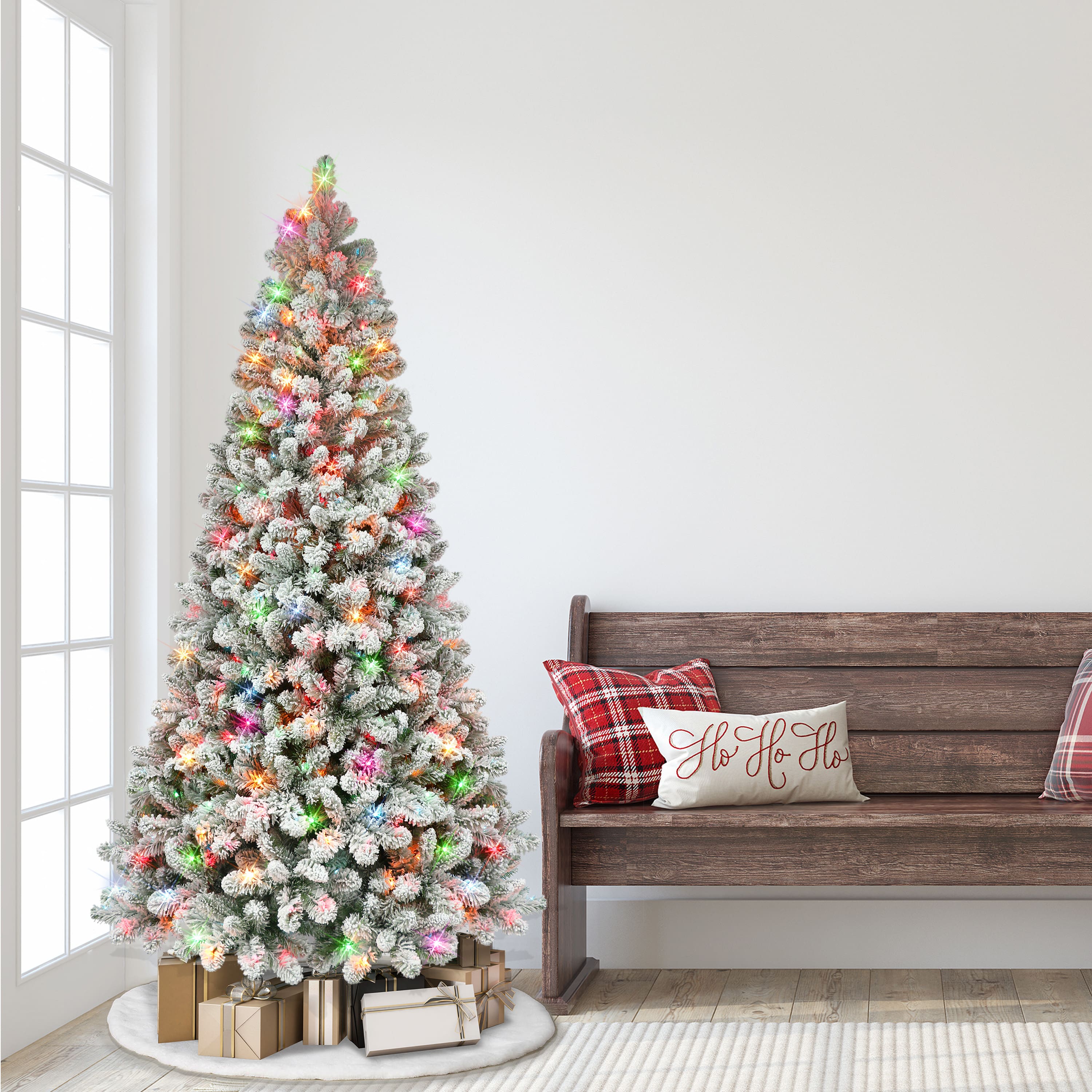 6.5ft. Pre-Lit Flocked Virginia Pine Artificial Christmas Tree, Multicolor Lights