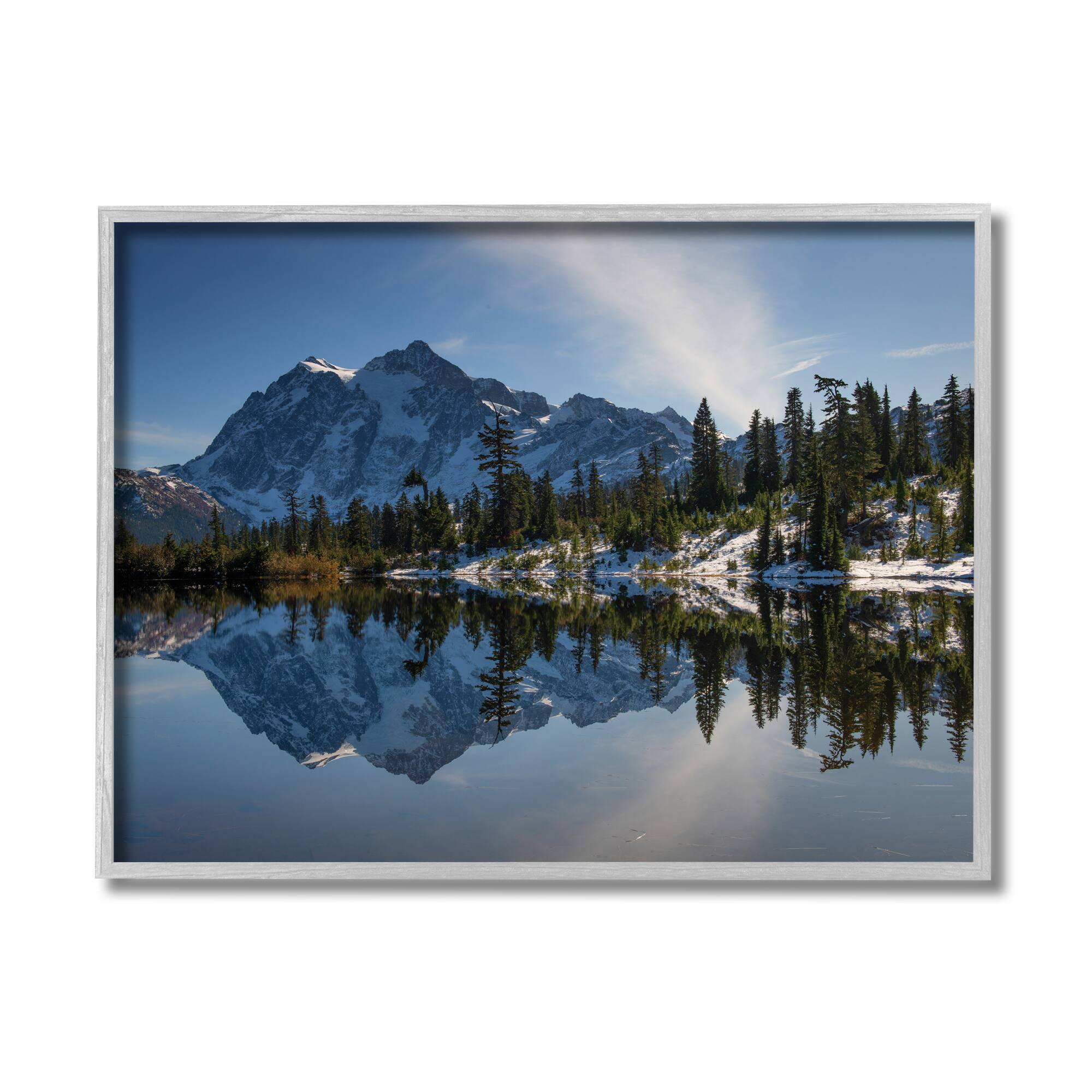 Stupell Industries Winter Lake Snowy Mountain Landscape Water Reflection in Gray Frame Wall Art