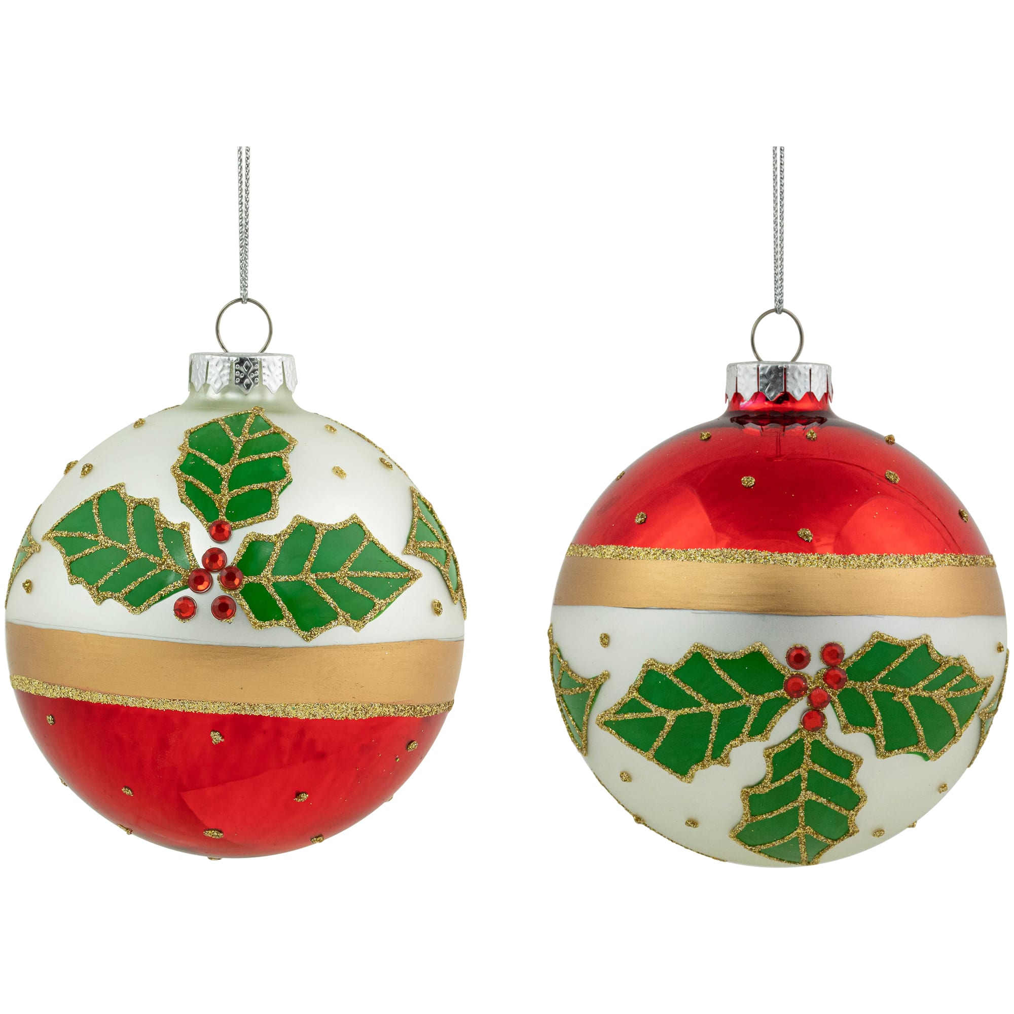 2ct. Holly & Berries Glittered Christmas Glass Ball Ornaments