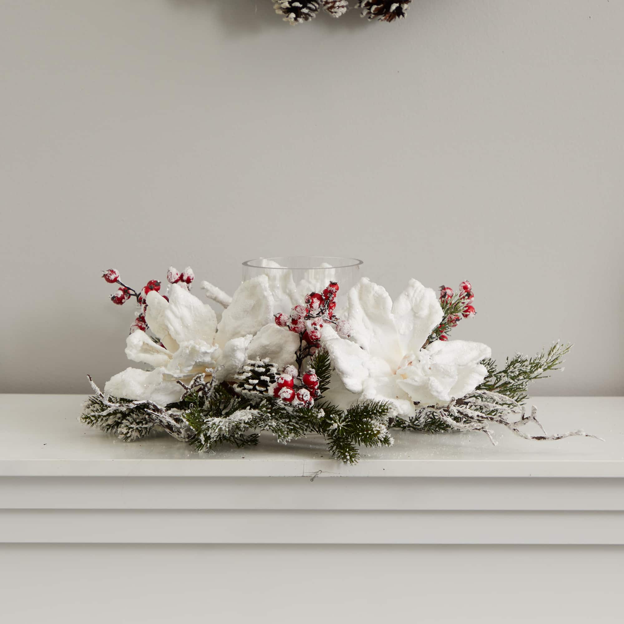 17&#x22; Frosted Magnolia &#x26; Berry Artificial Arrangement Candelabrum