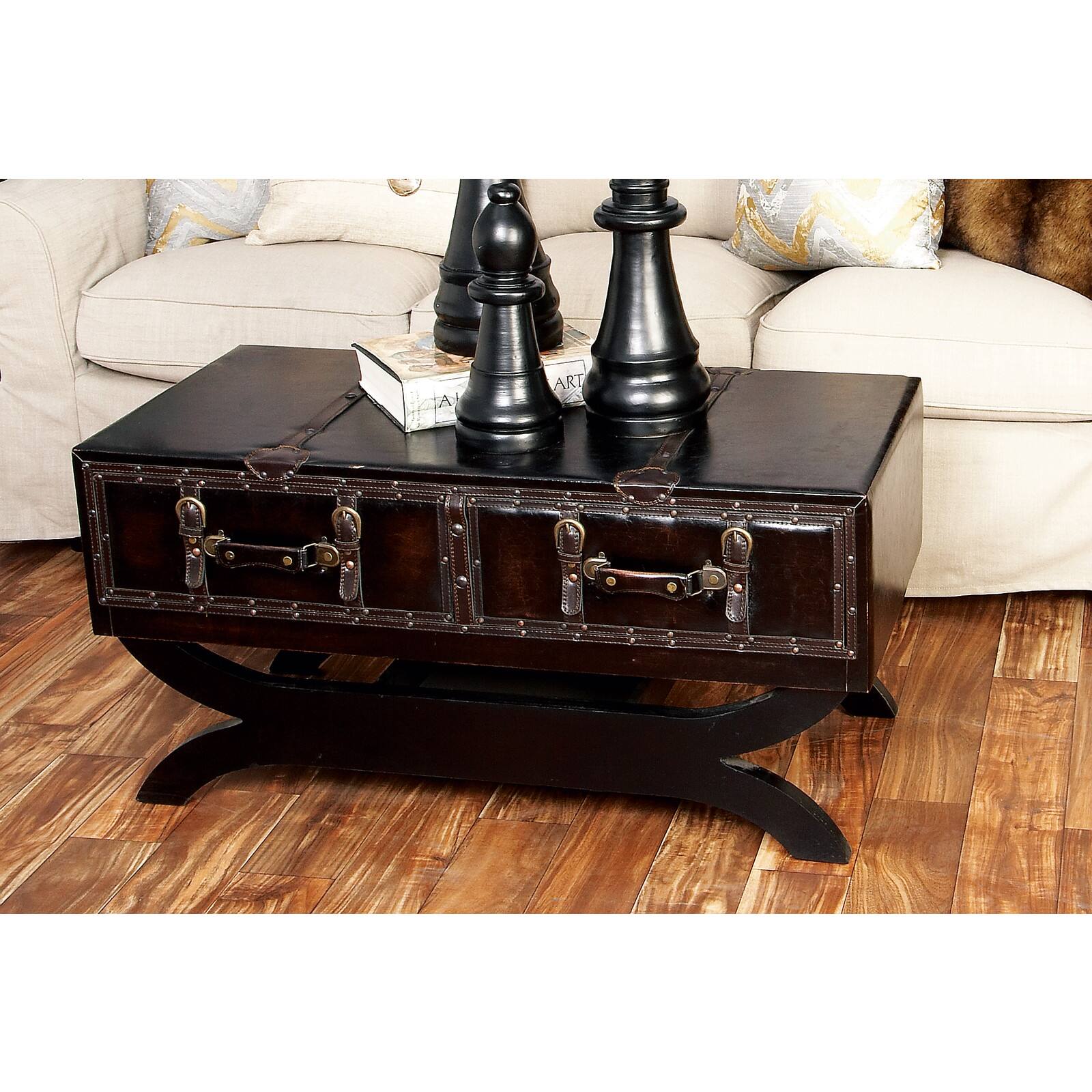 Brown Faux Leather and Wood Traditional Coffee Table, 21" x 40" x 19"