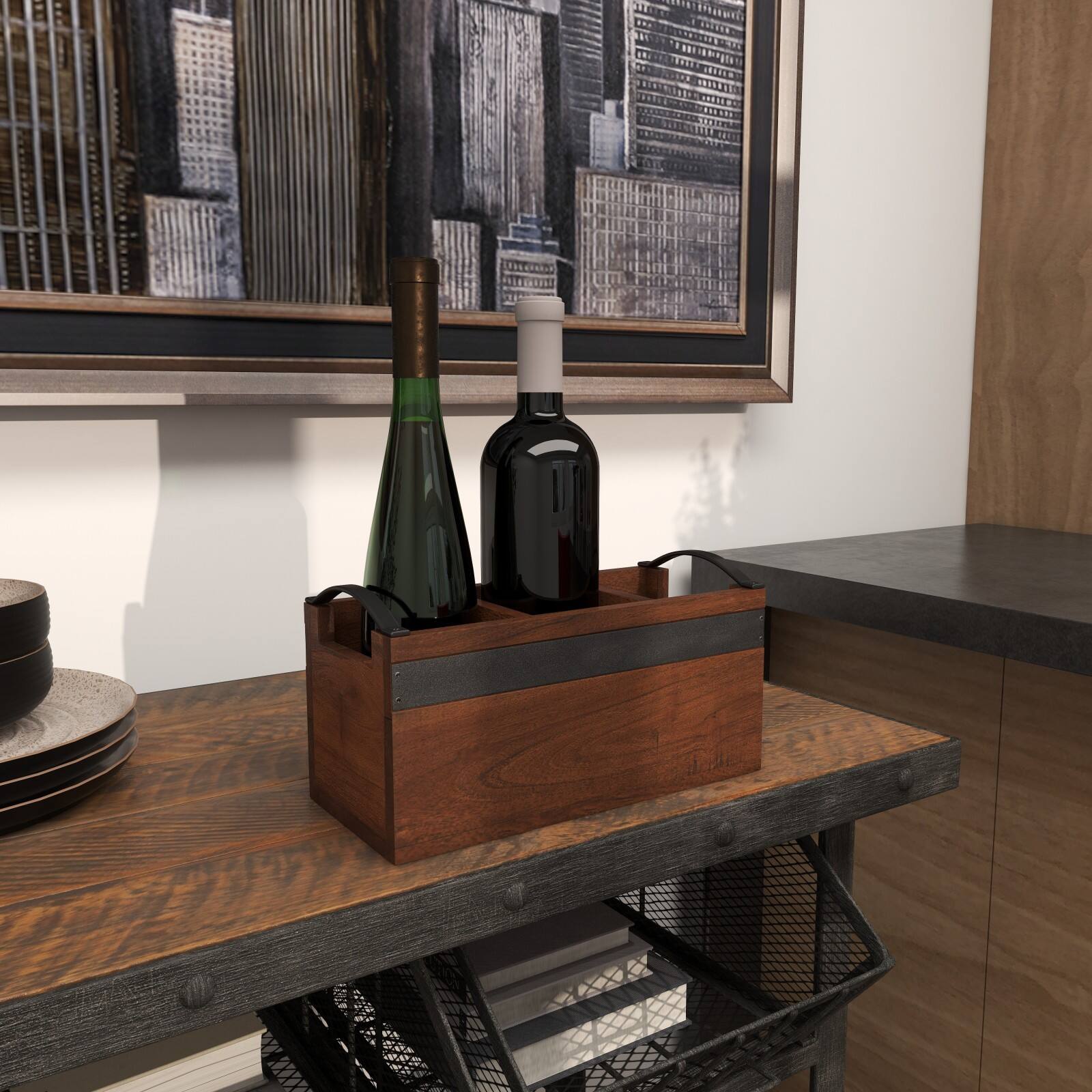 11.5" Brown Wood Modern 3 Section Decorative Tray with Metal Handles