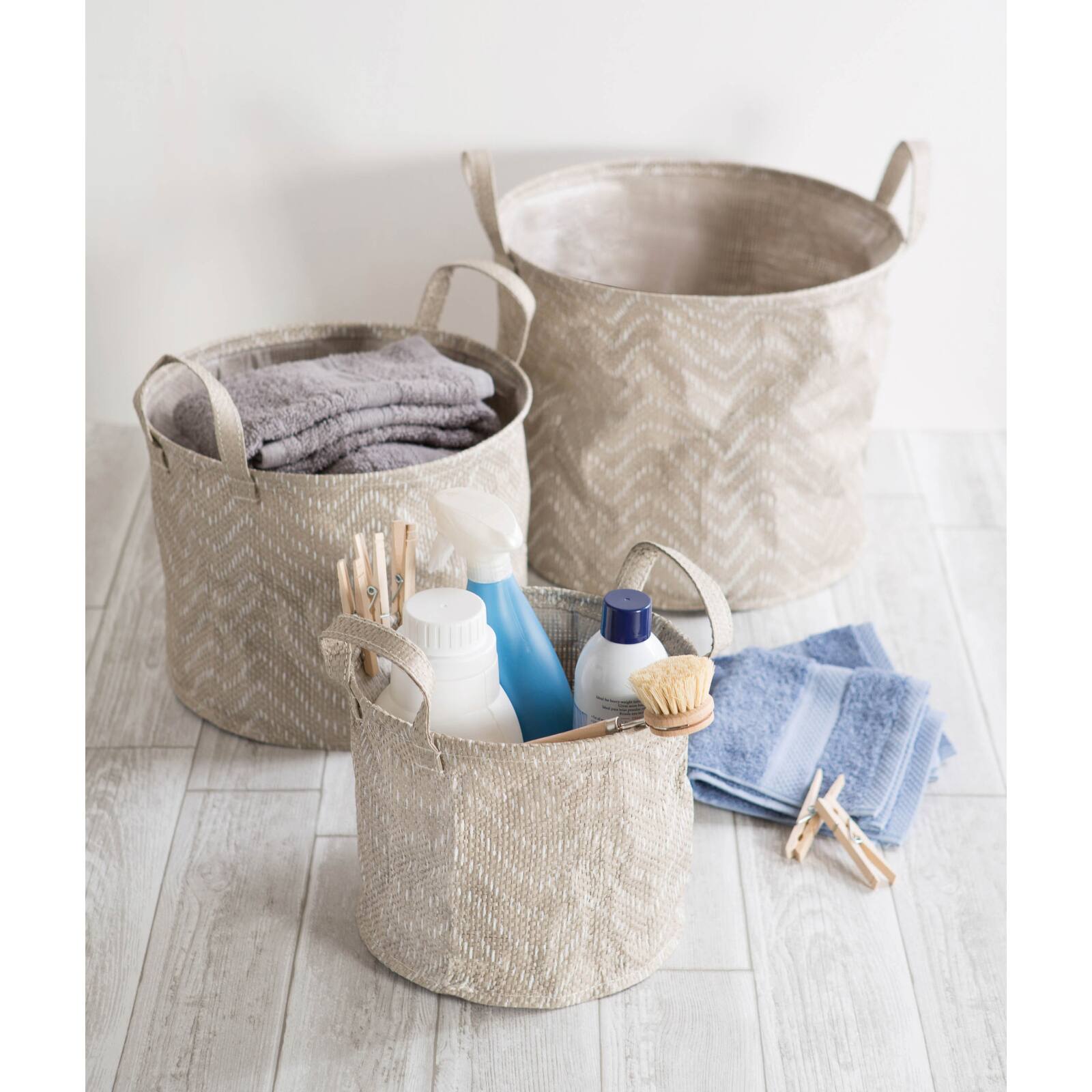 DII® Medium Round Stone & Cream Tribal Chevron PE-Coated Woven Paper Laundry Bin, 2ct. 