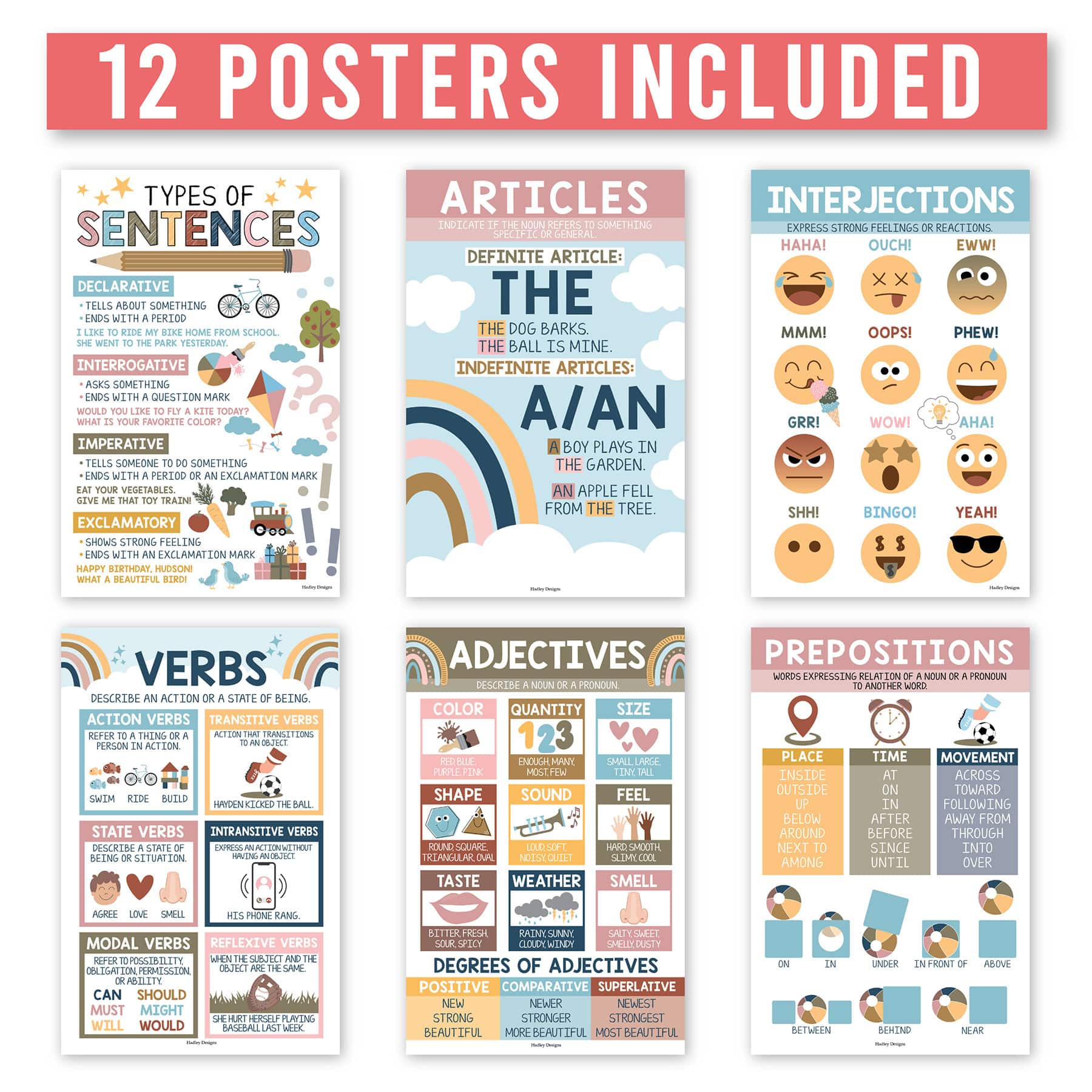 Hadley Designs 11" x 17" Boho Parts of Speech Language Arts and Grammar Laminated Posters Set