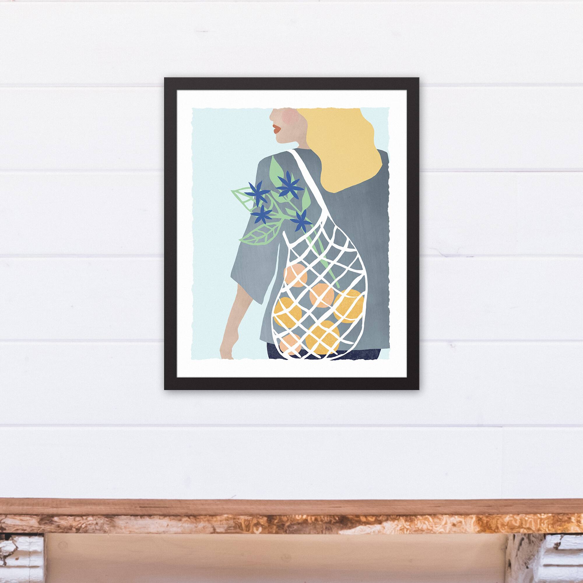 Coastal Market Bag Canvas Wall Art in Black Frame