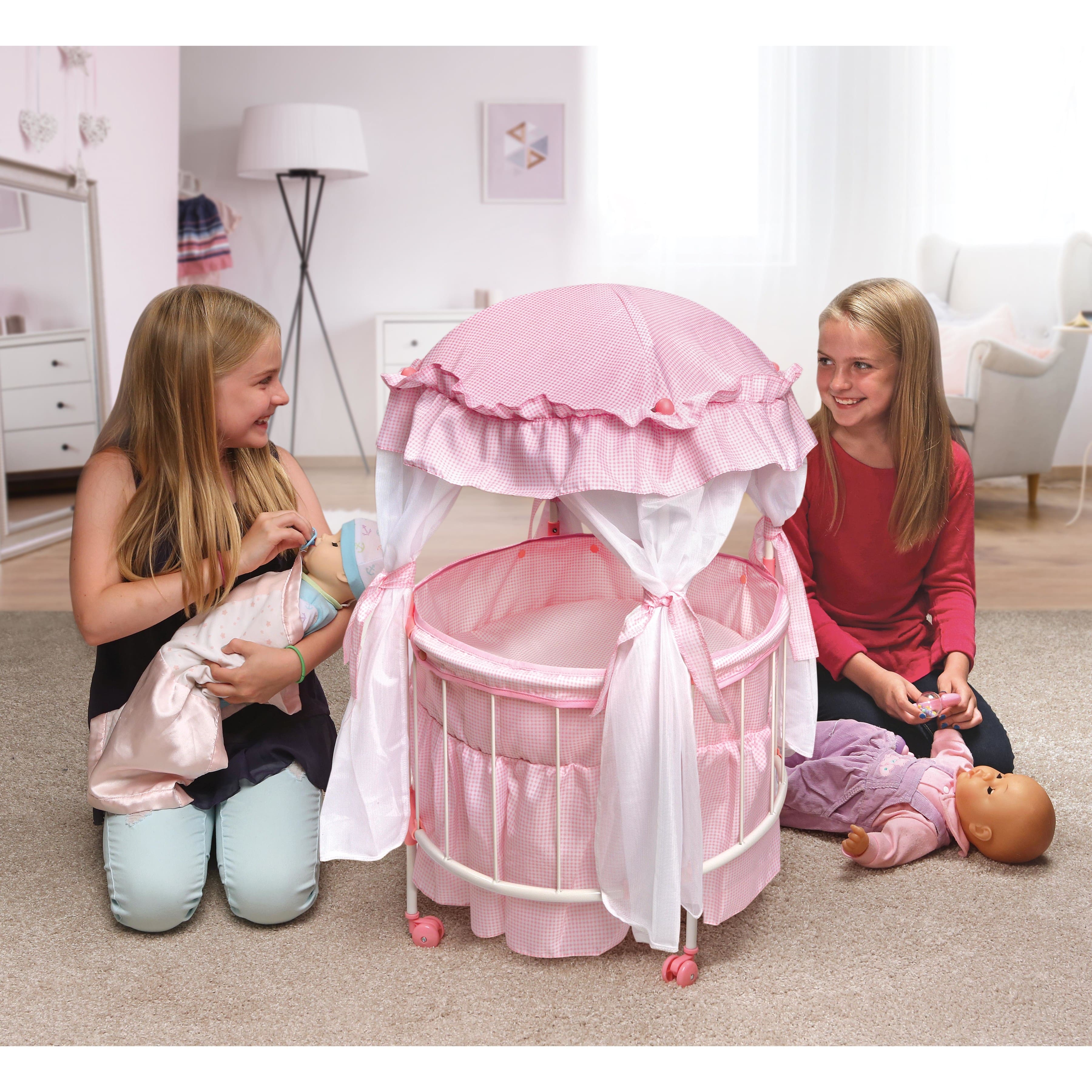 Badger Basket Pink &#x26; White Royal Pavilion Round Doll Crib with Canopy &#x26; Bedding