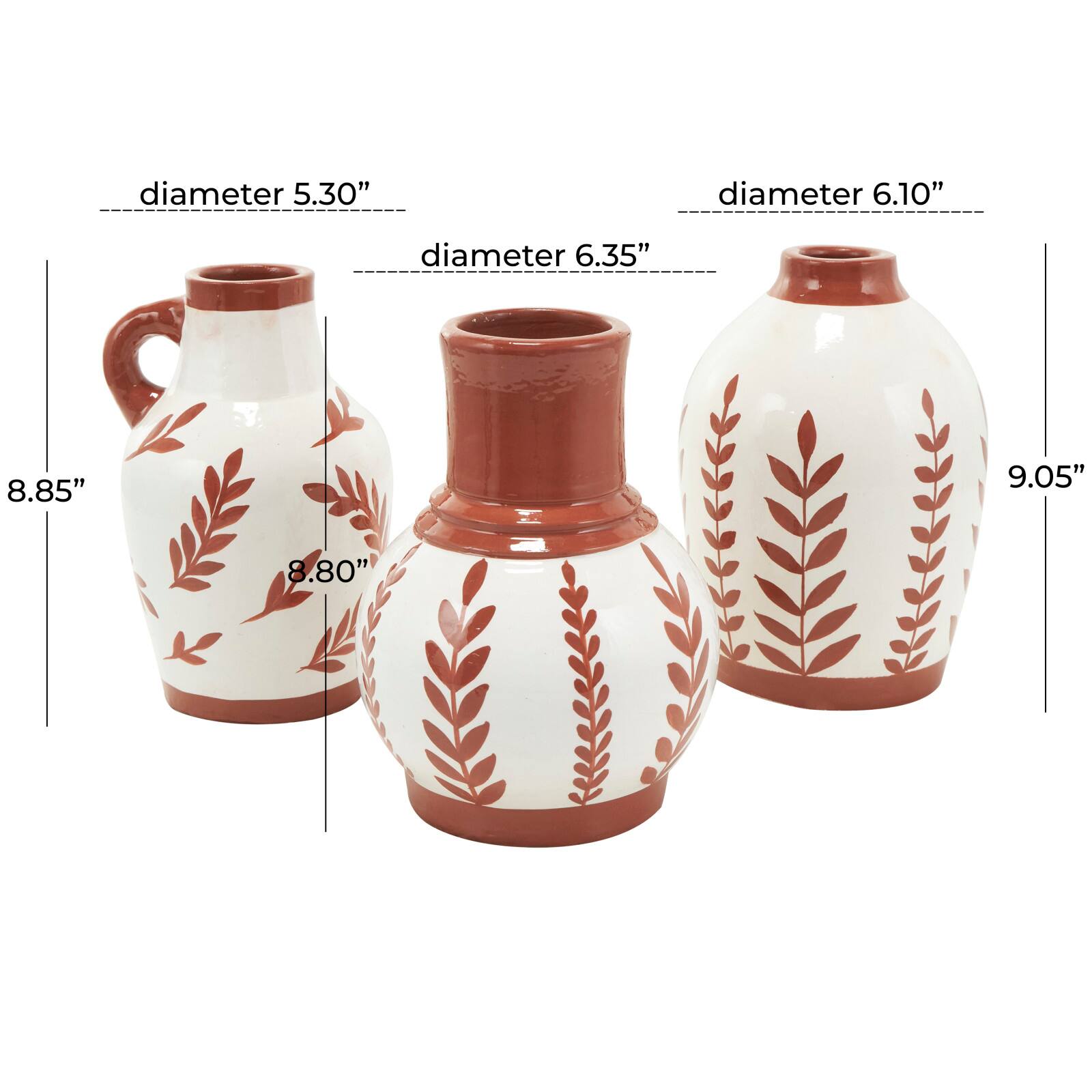 White Ceramic Floral Vase with Terracotta Colored Detailing Set
