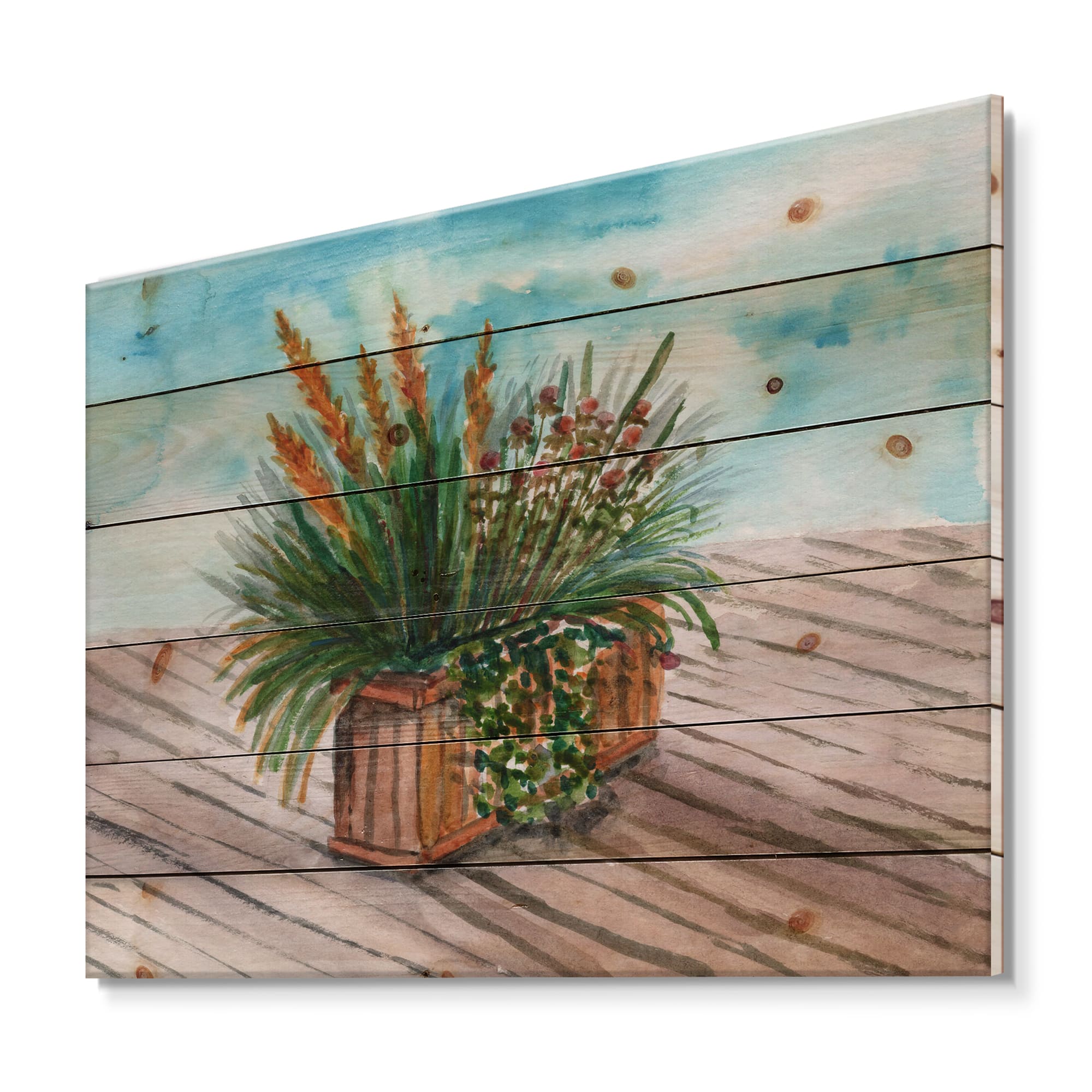 Designart - Yellow Spikelets of Houseplant With Green Stems - Traditional Print on Natural Pine Wood