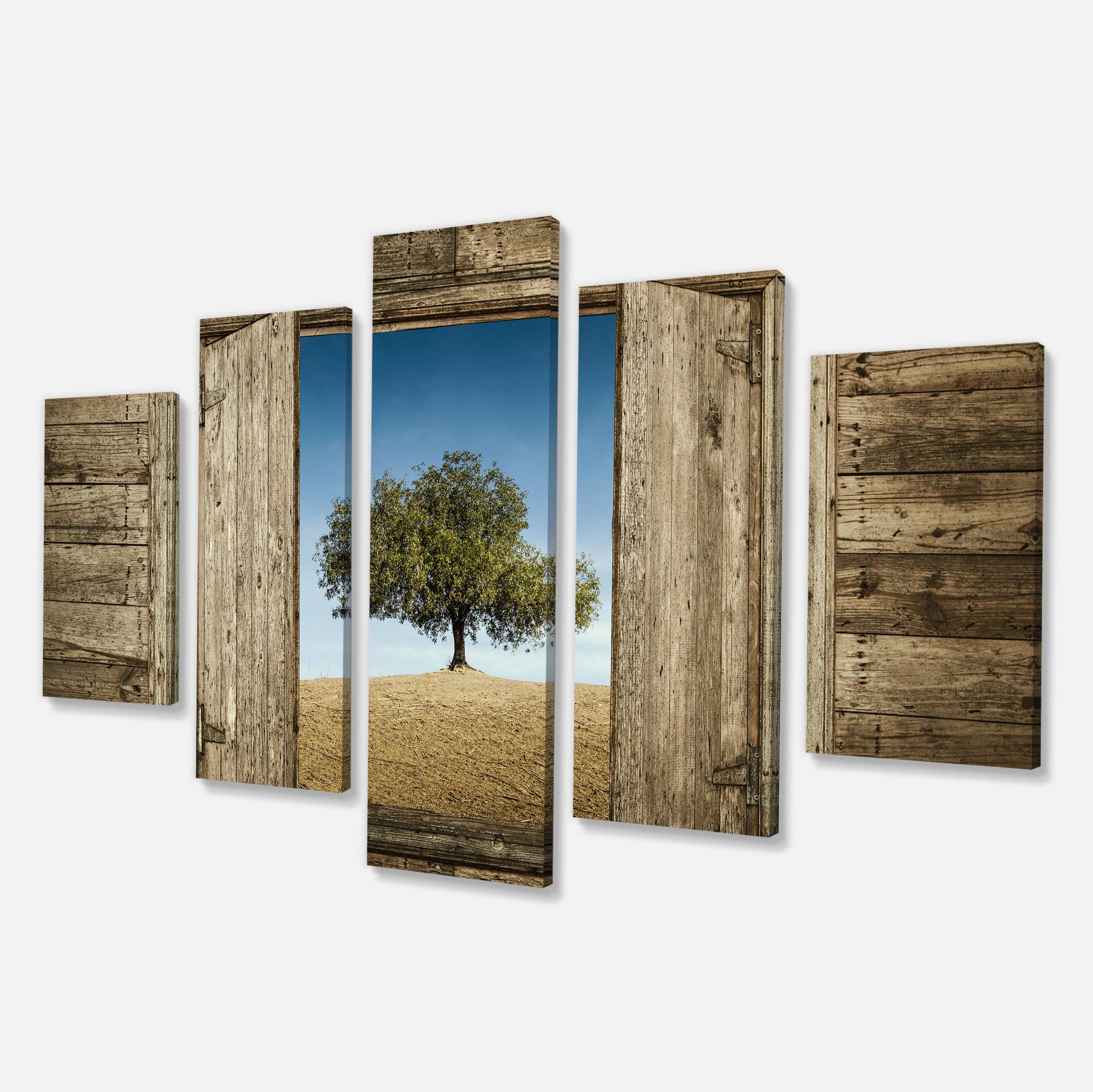 Designart - Window Open To Solitary Tree - Modern Landscape Canvas Art