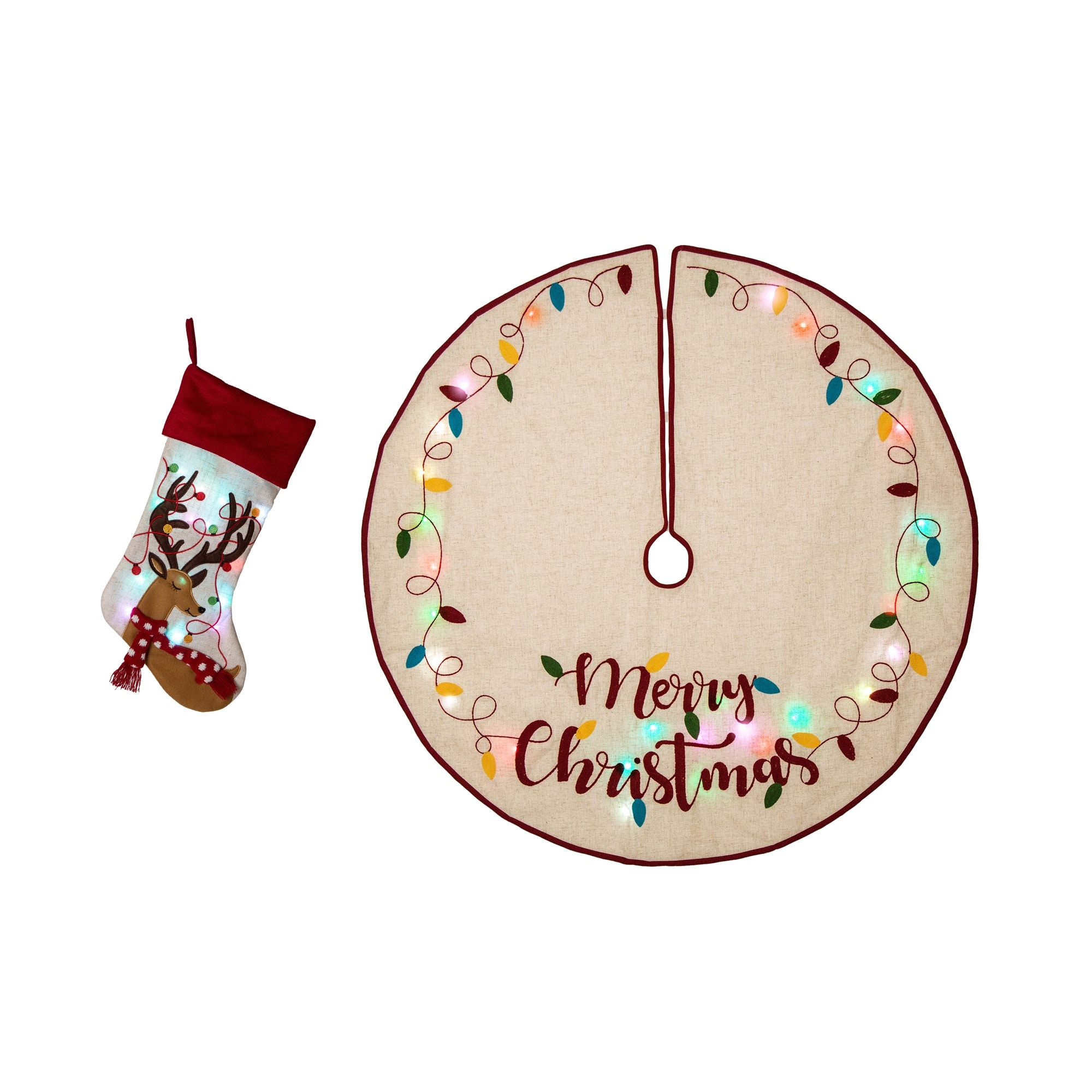 Glitzhome&#xAE; LED Embroidered Linen Christmas Stocking &#x26; Tree Skirt Set