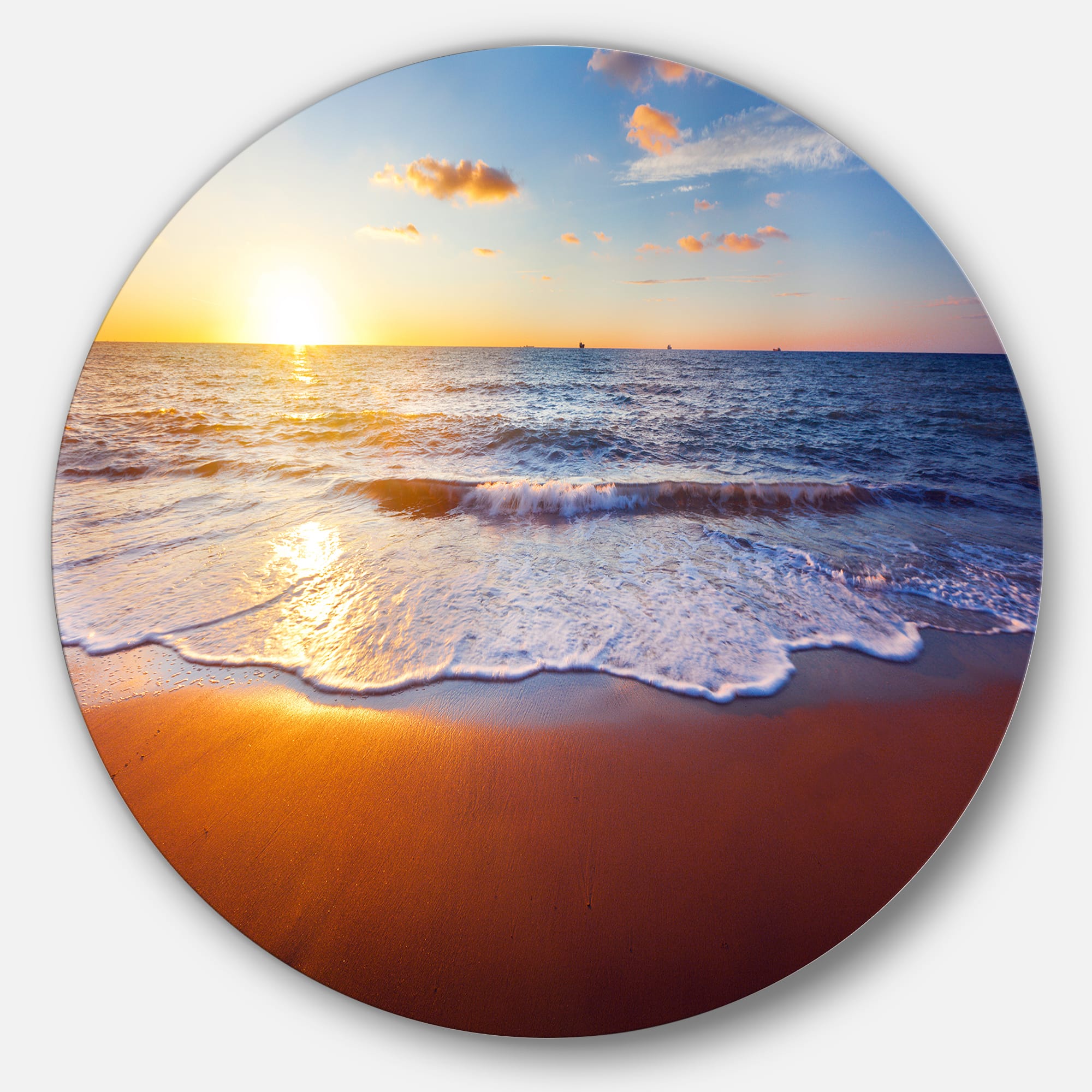 Designart - Stunning Blue Waves and Brown Sand' Beach Photo Metal Circle Wall Art