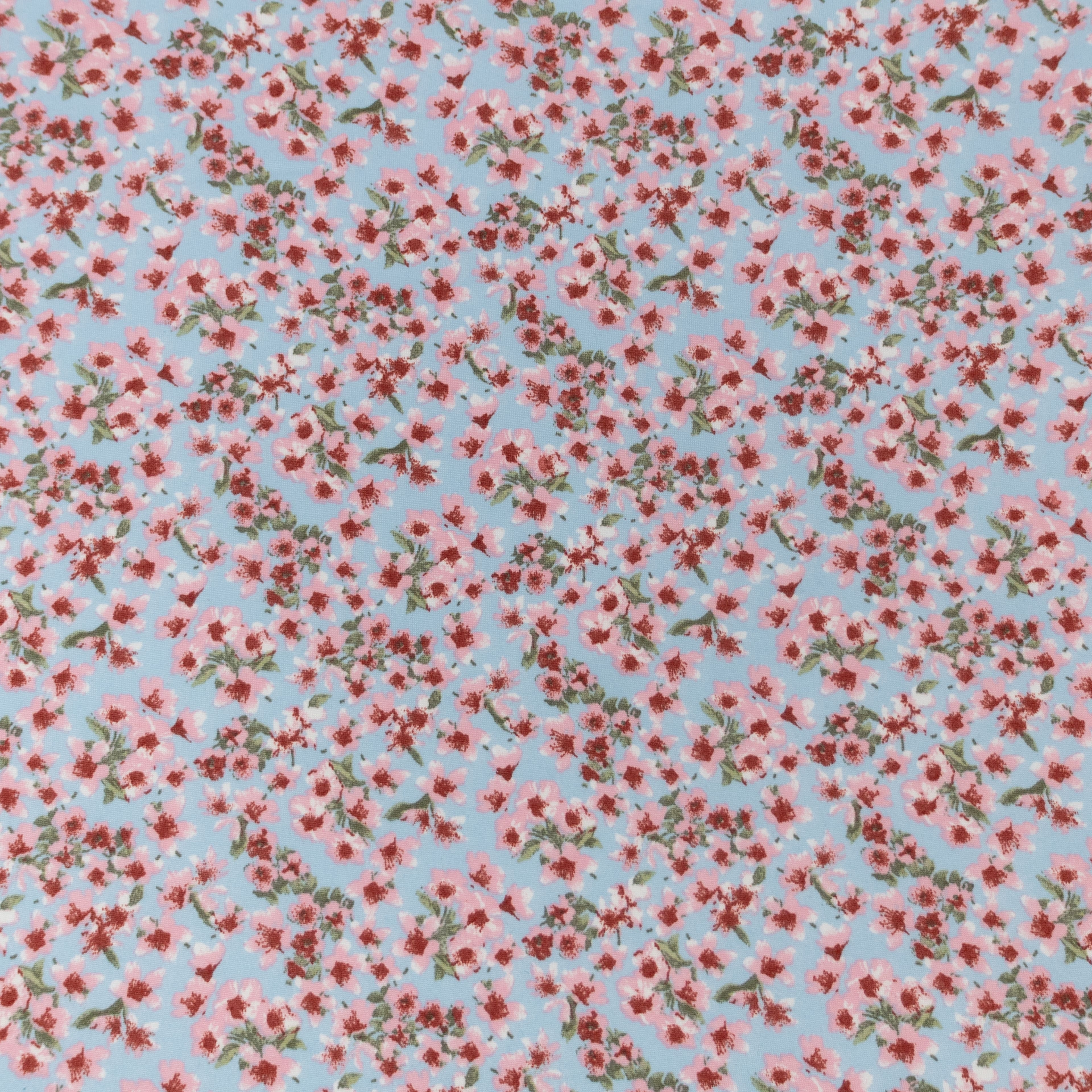 Fabric Merchants Pink Flowers on Blue Double Brushed Stretch Fabric