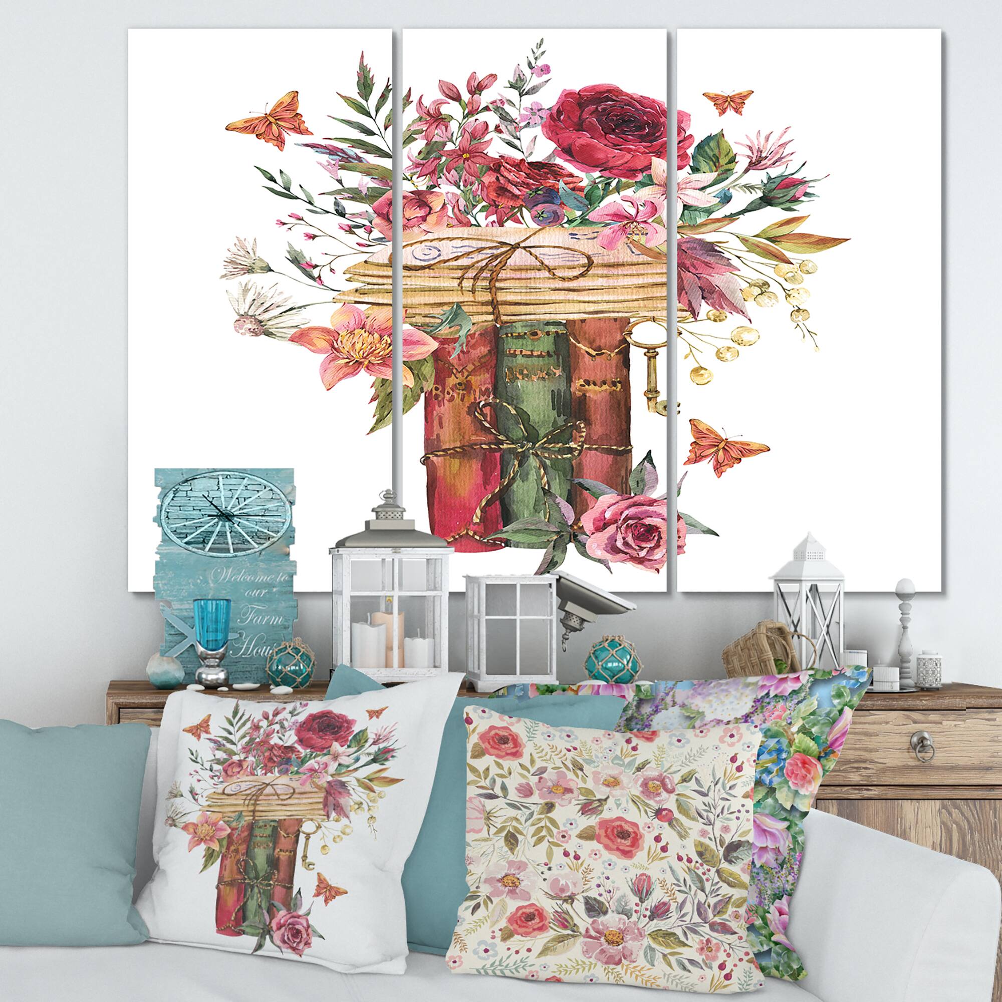 Designart - Vintage Old Books With Wildflowers - Farmhouse Canvas Wall Art Print