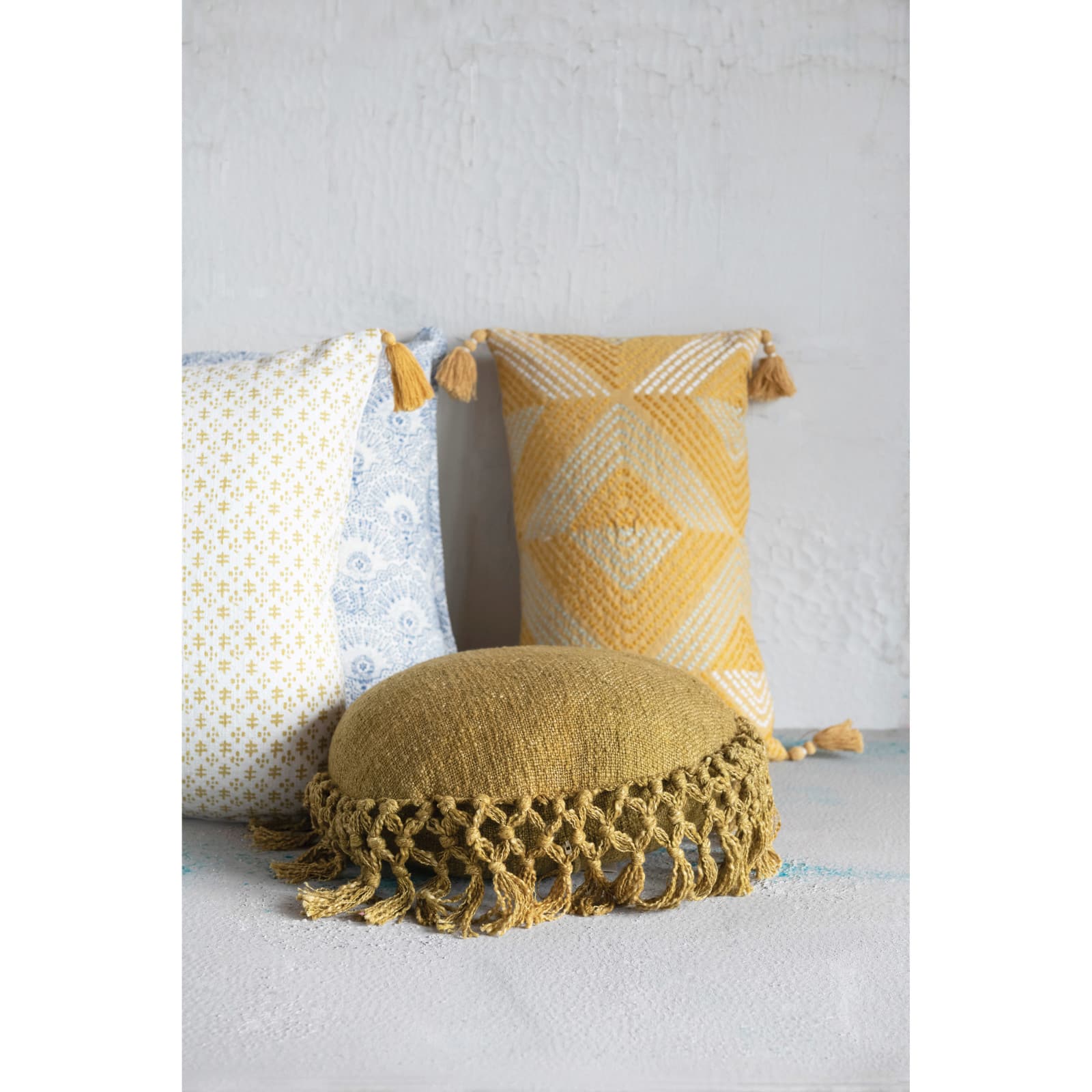 Hello Honey&#xAE; Mustard Embroidered Cotton Lumbar Pillow with Tassels