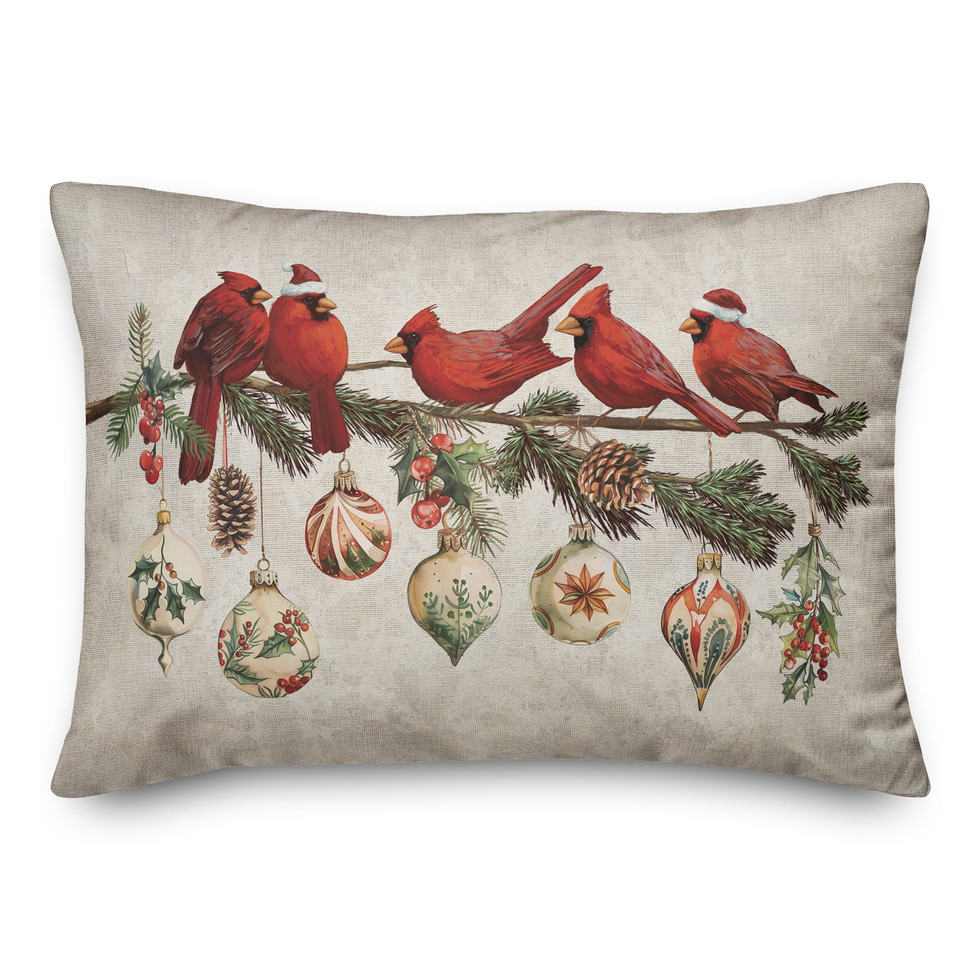 Cardinals and Ornaments 20" x 14" Spun Poly Pillow