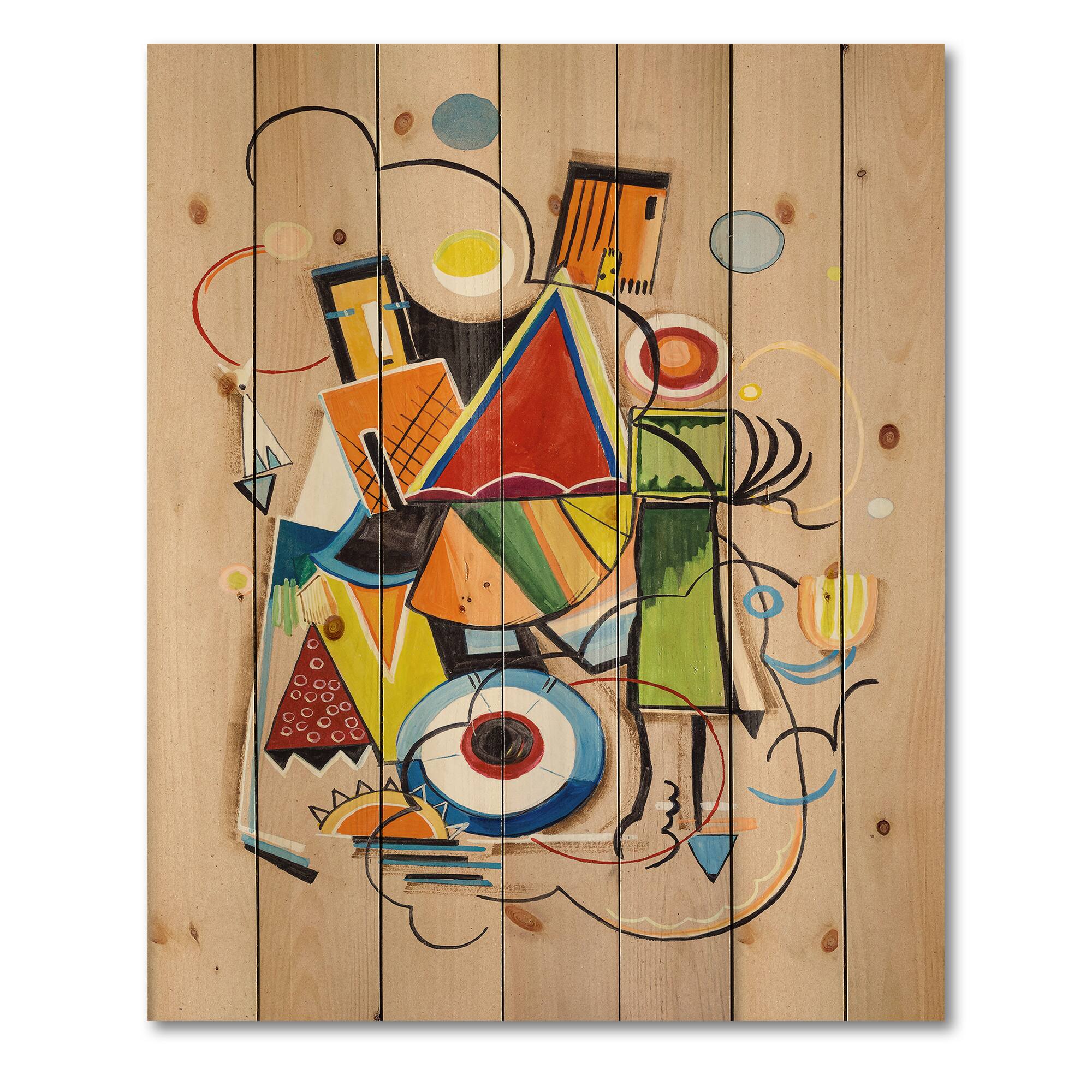 Designart - Colored Geometric Abstract Compositions I - Modern Print on Natural Pine Wood