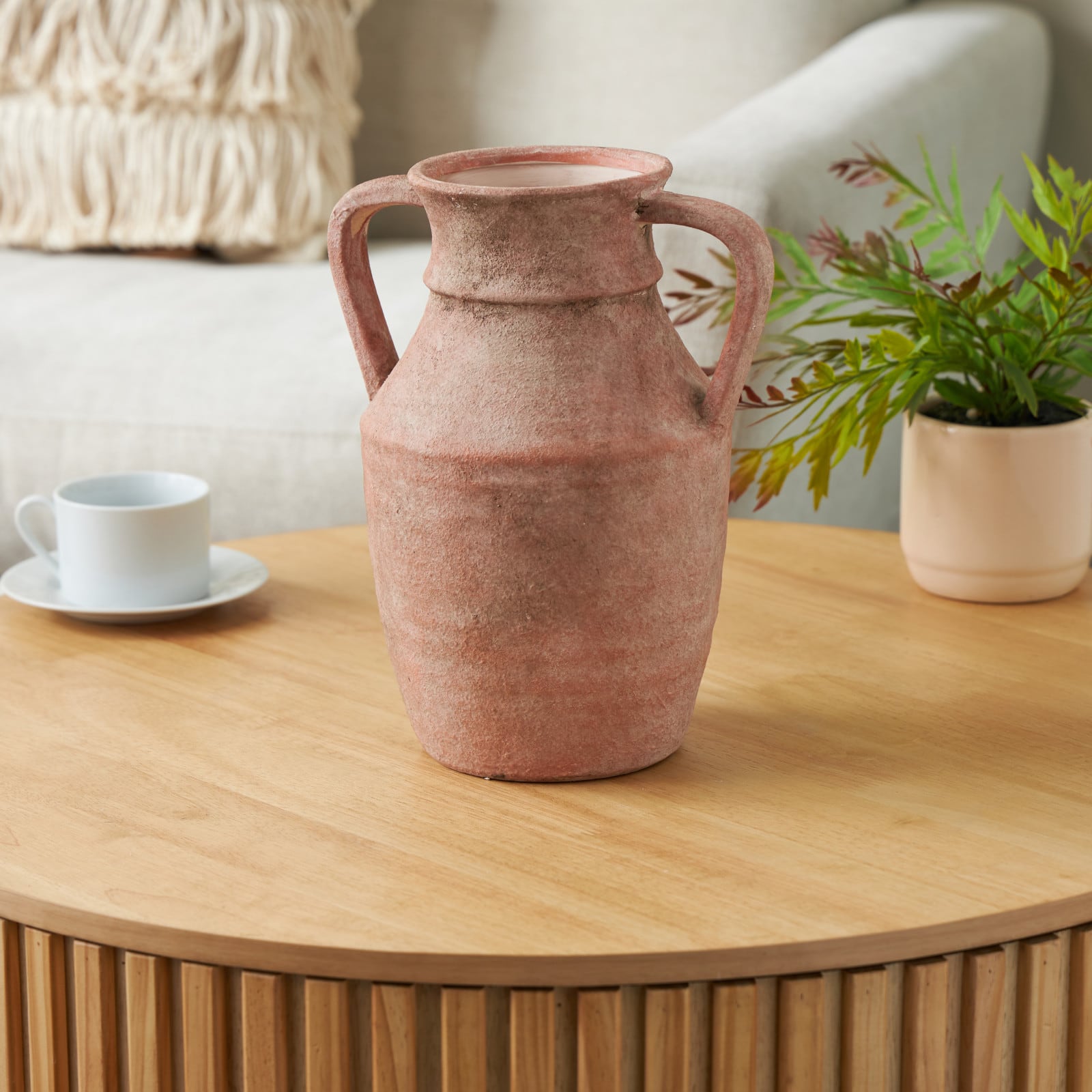 12" Pink Antique-Style Ceramic Vase with Handles