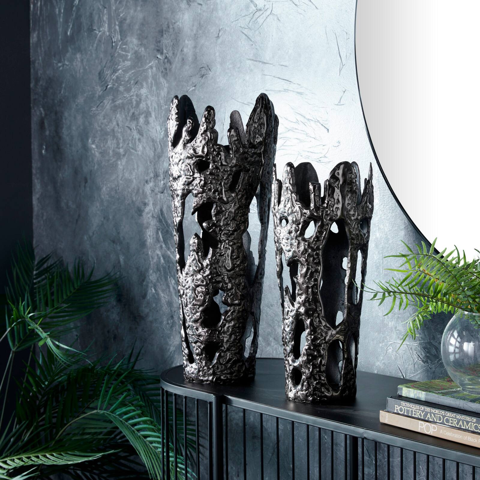 Set of 2" Black Aluminum Contemporary Vases, 20" x 7" x 6"