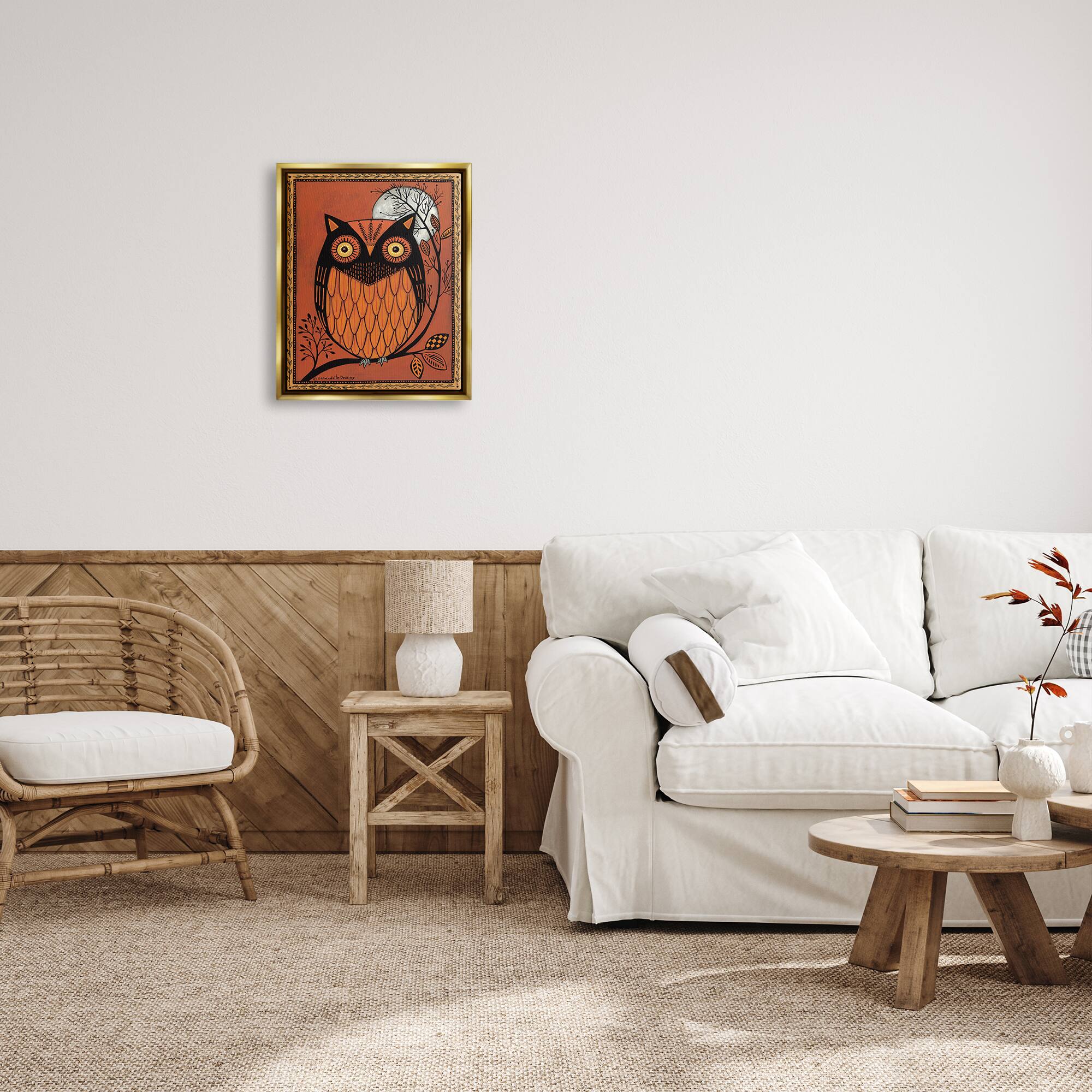 Stupell Industries Round Owl Autumn Botanical Border Framed Floater Canvas Wall Art