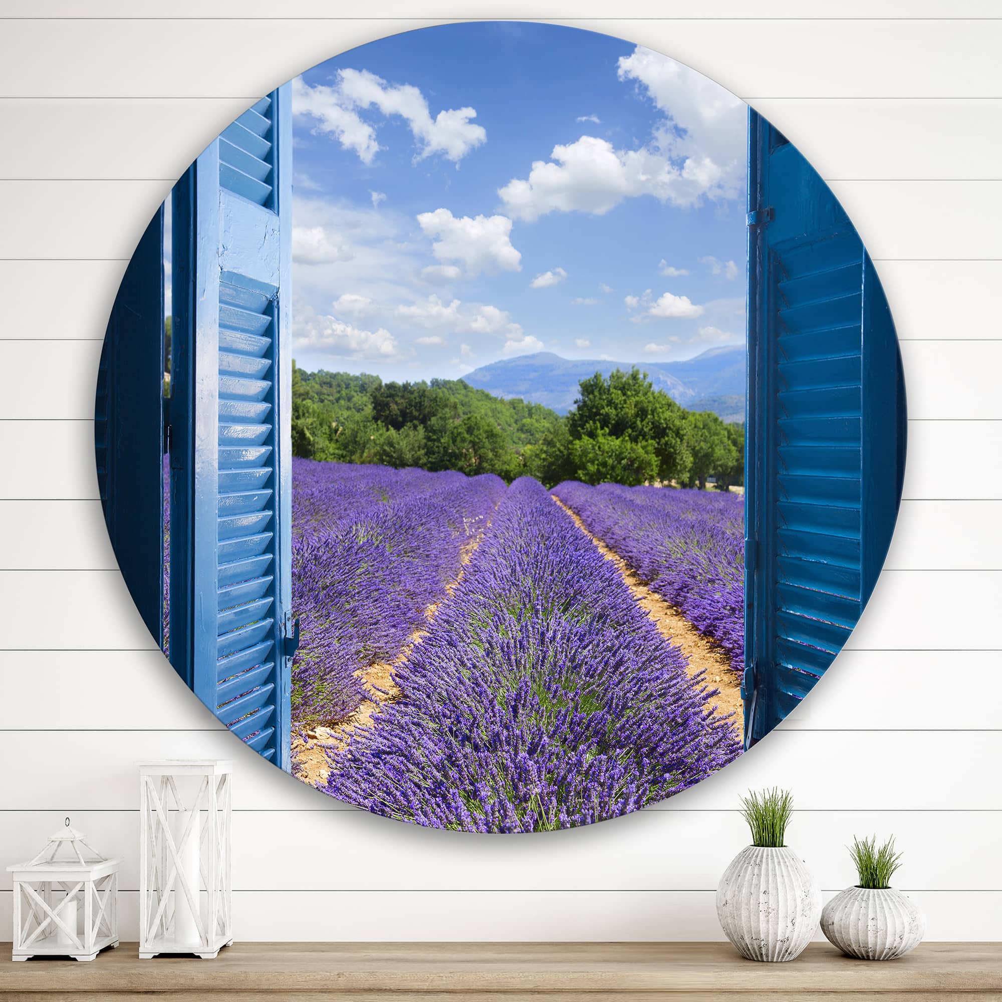 Designart - Lavender Field Through Blue Open Cottage Window - Farmhouse Metal Circle Wall Art
