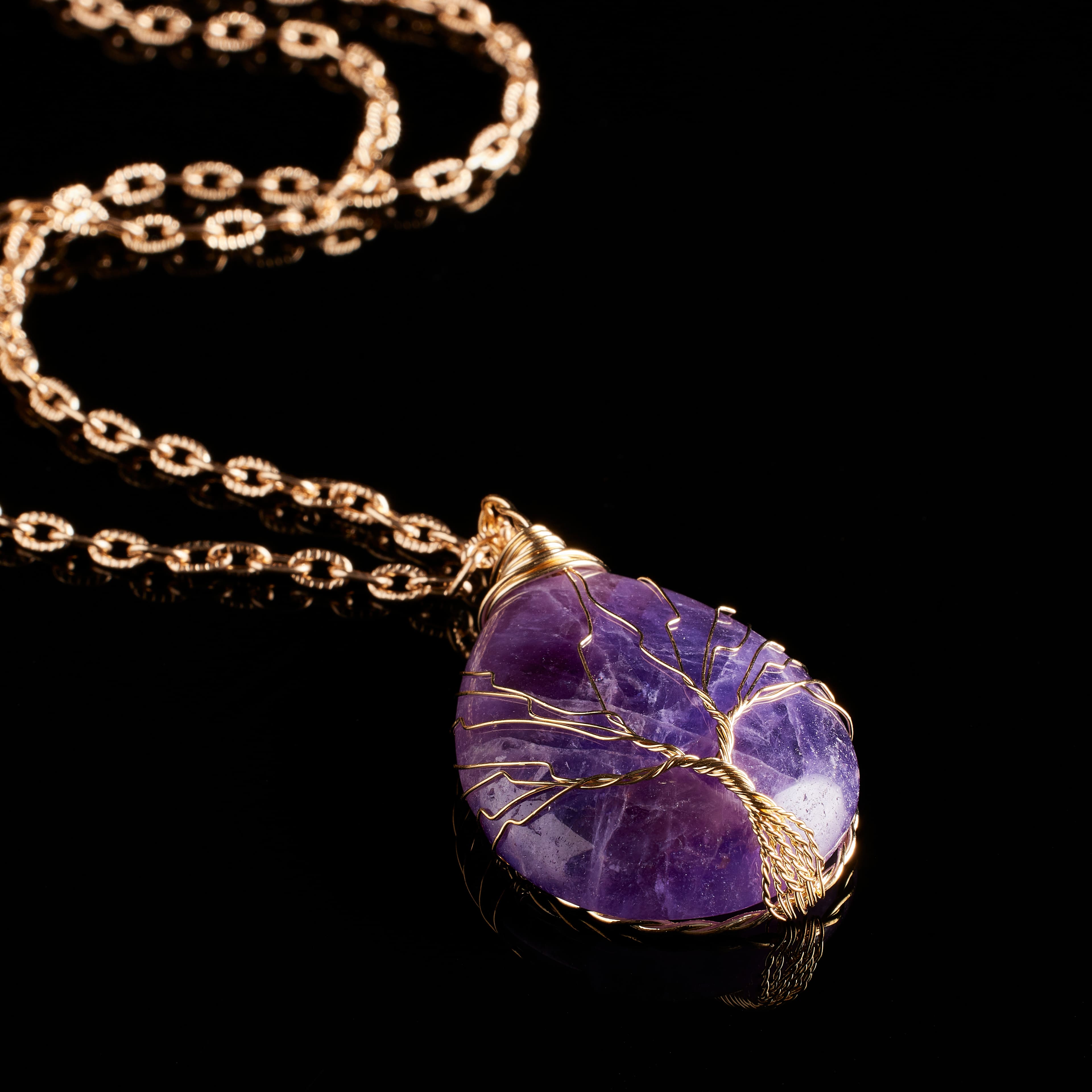 non-brand Gorgeous Wire Wrapped Tree of Life Natural Gemstone Teardrop Pendant Necklace Crystal Jewelry Making Charms for Women Amethyst silver 6 Styles 