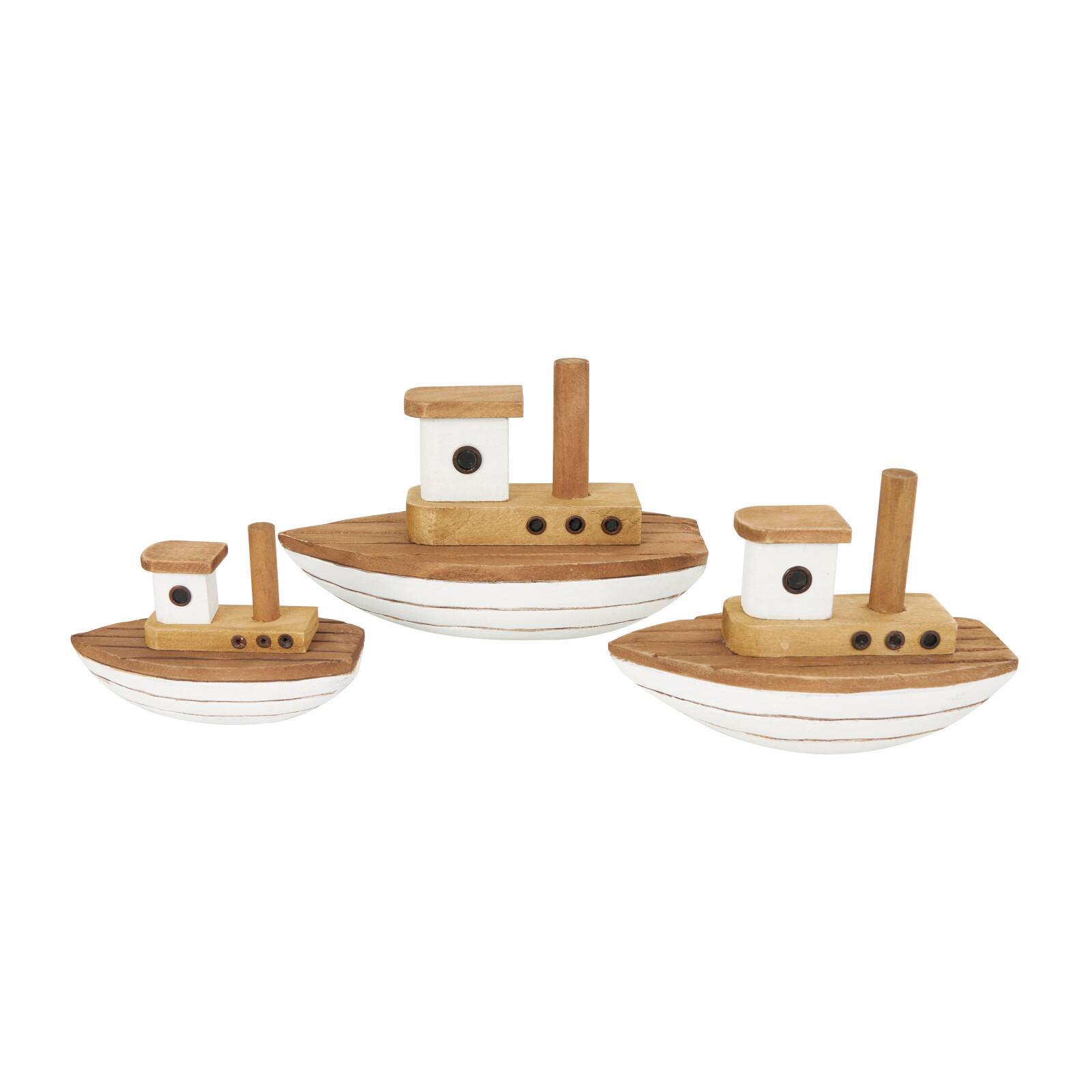 Brown & White Handmade Wood Boat Sculpture Set