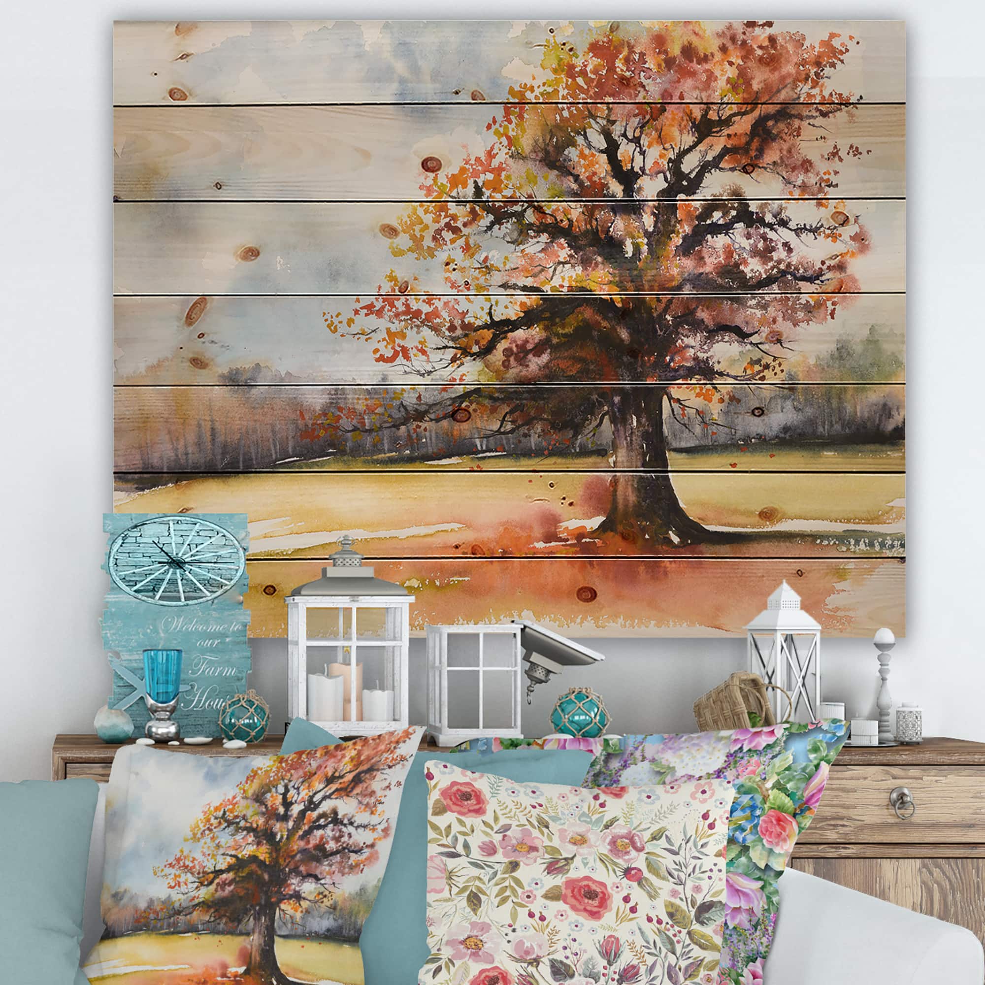 Designart - Lone Oak In The Fields With Autum Leaves - Traditional Print on Natural Pine Wood