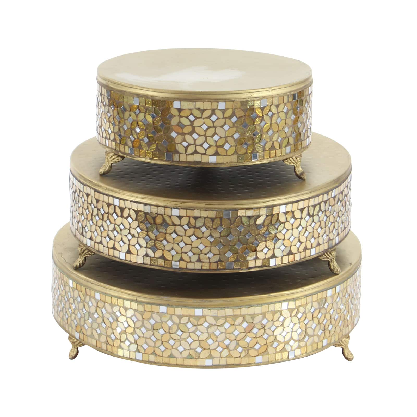 Gold Glam Round Metal &#x26; Glass Mosaic Cake Stand, 3ct.