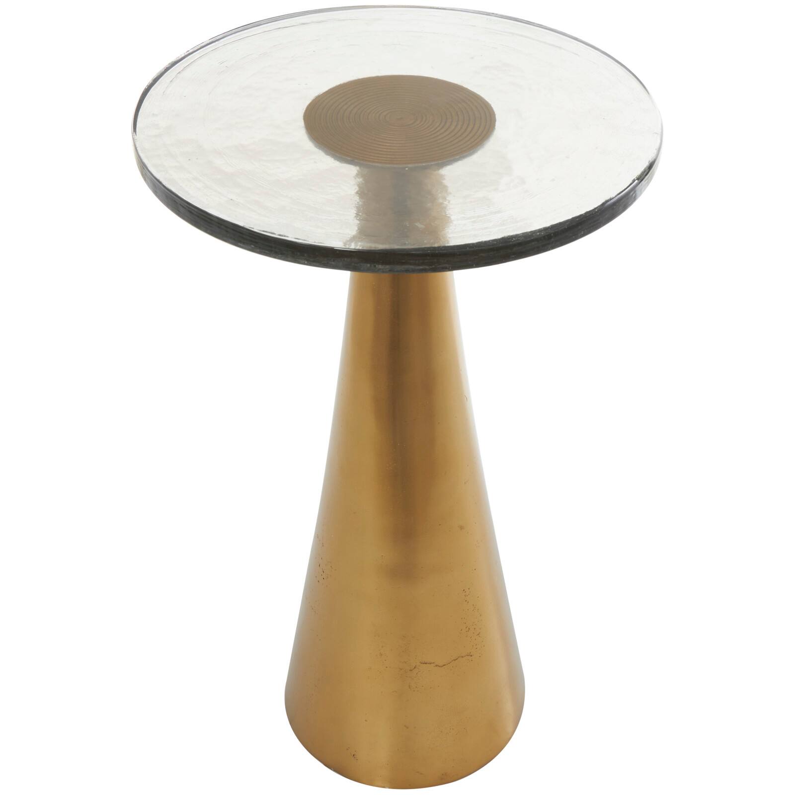 22&#x22; Gold Aluminum Geometric Cone Accent Table with Glass Tabletop