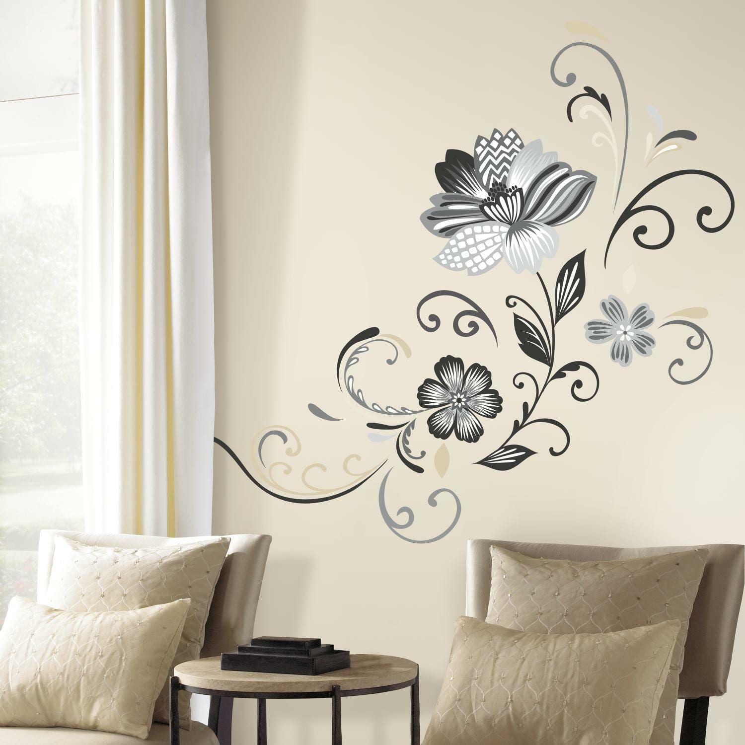 RoomMates Black & White Flower Scroll Peel & Stick Wall Decals