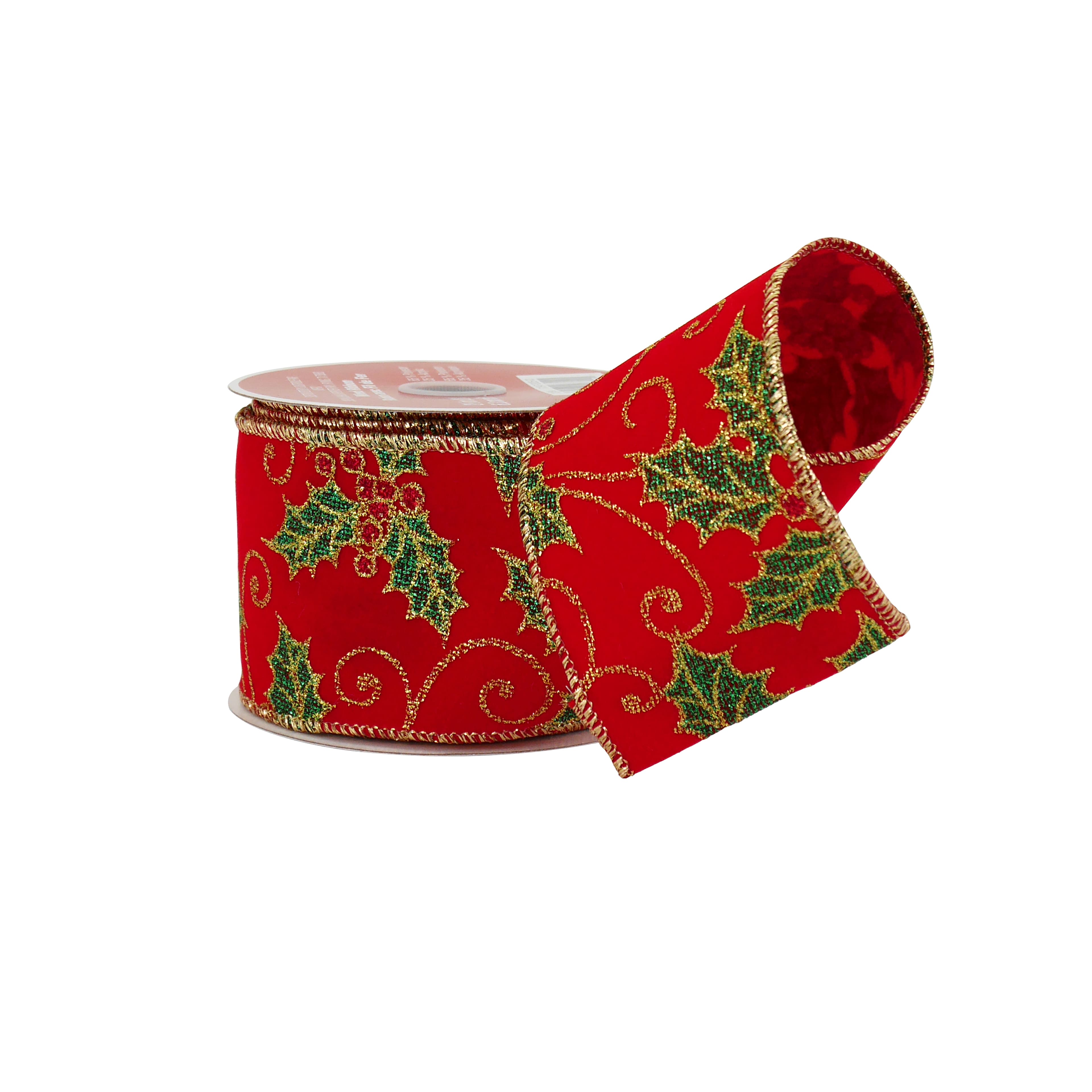 2.5&#x22; x 20ft. Red Glitter Holly Wired Ribbon by Celebrate It&#xAE;