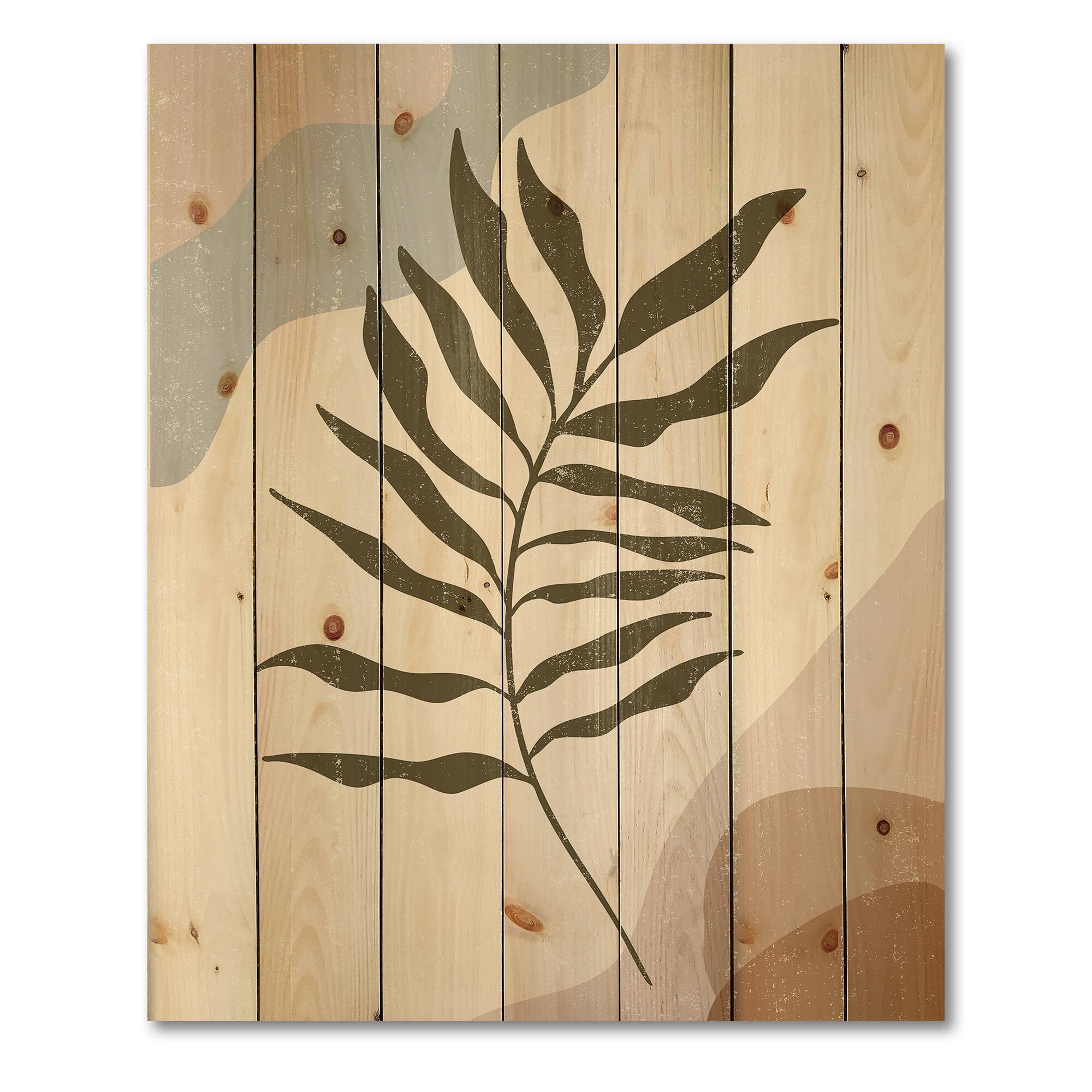 Designart - Botanical Minimalist Leaf In Earth Tones I - Modern Print on Natural Pine Wood