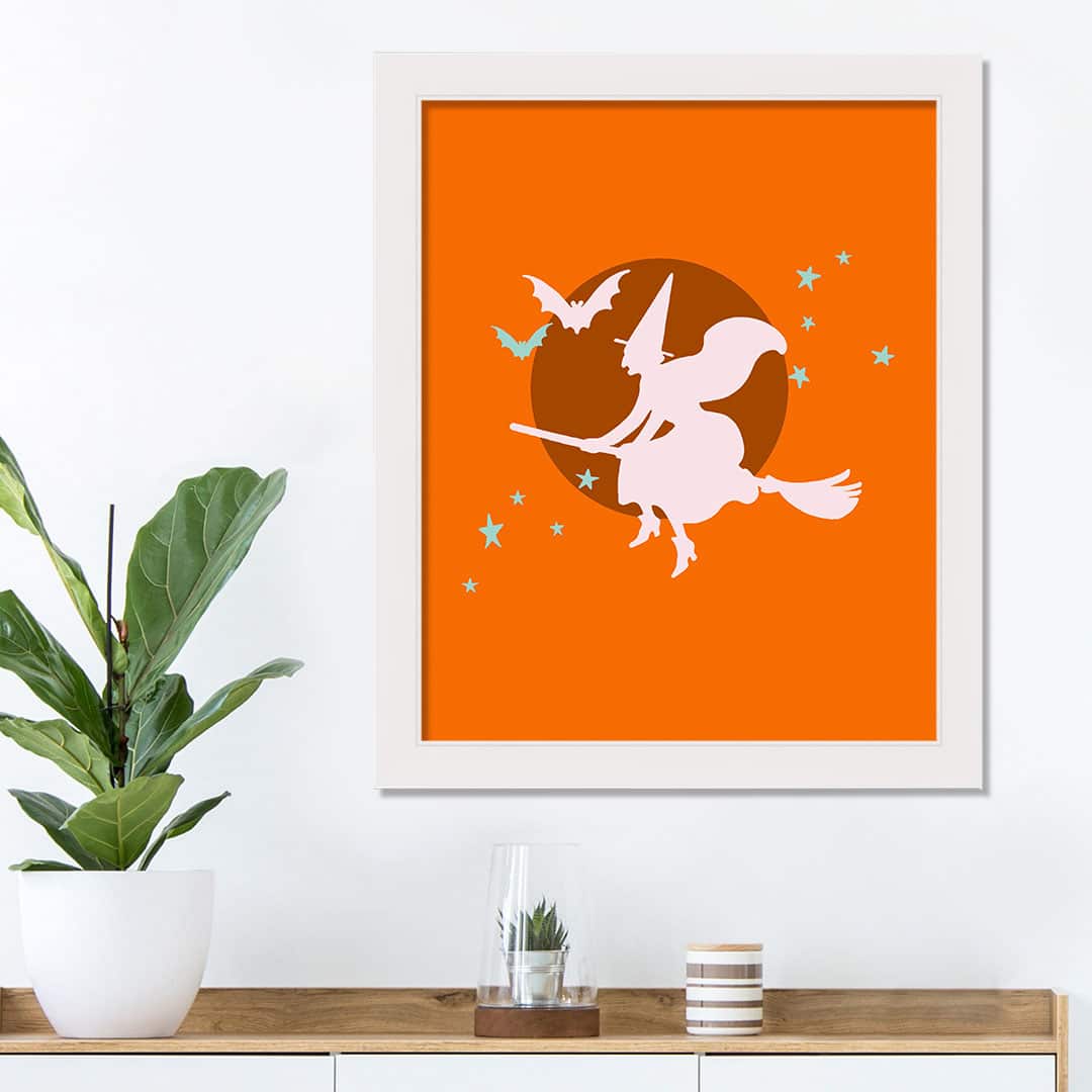 Flying Witch White Framed Print Wall Art